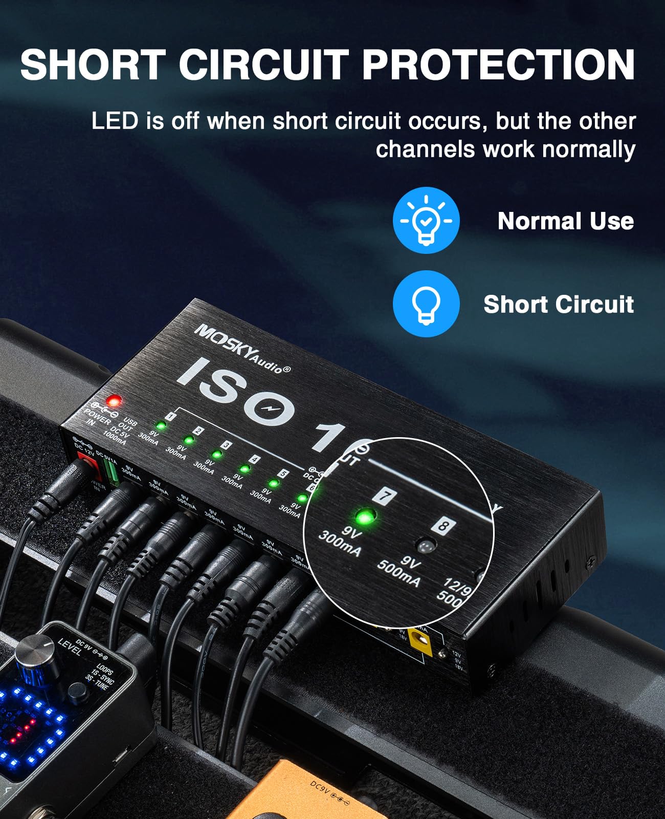 Mosky Guitar Pedal Power Supply 10 Isolated DC Output, 9V 12V 18V 300mA 500mA Effect Pedal Boards Power Supply with USB Port, Short Circuit Overcurrent Protection 1345 - Image 3
