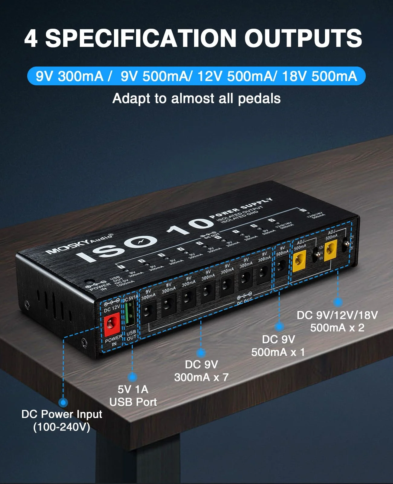 Mosky Guitar Pedal Power Supply 10 Isolated DC Output, 9V 12V 18V 300mA 500mA Effect Pedal Boards Power Supply with USB Port, Short Circuit Overcurrent Protection 1345 - Image 4