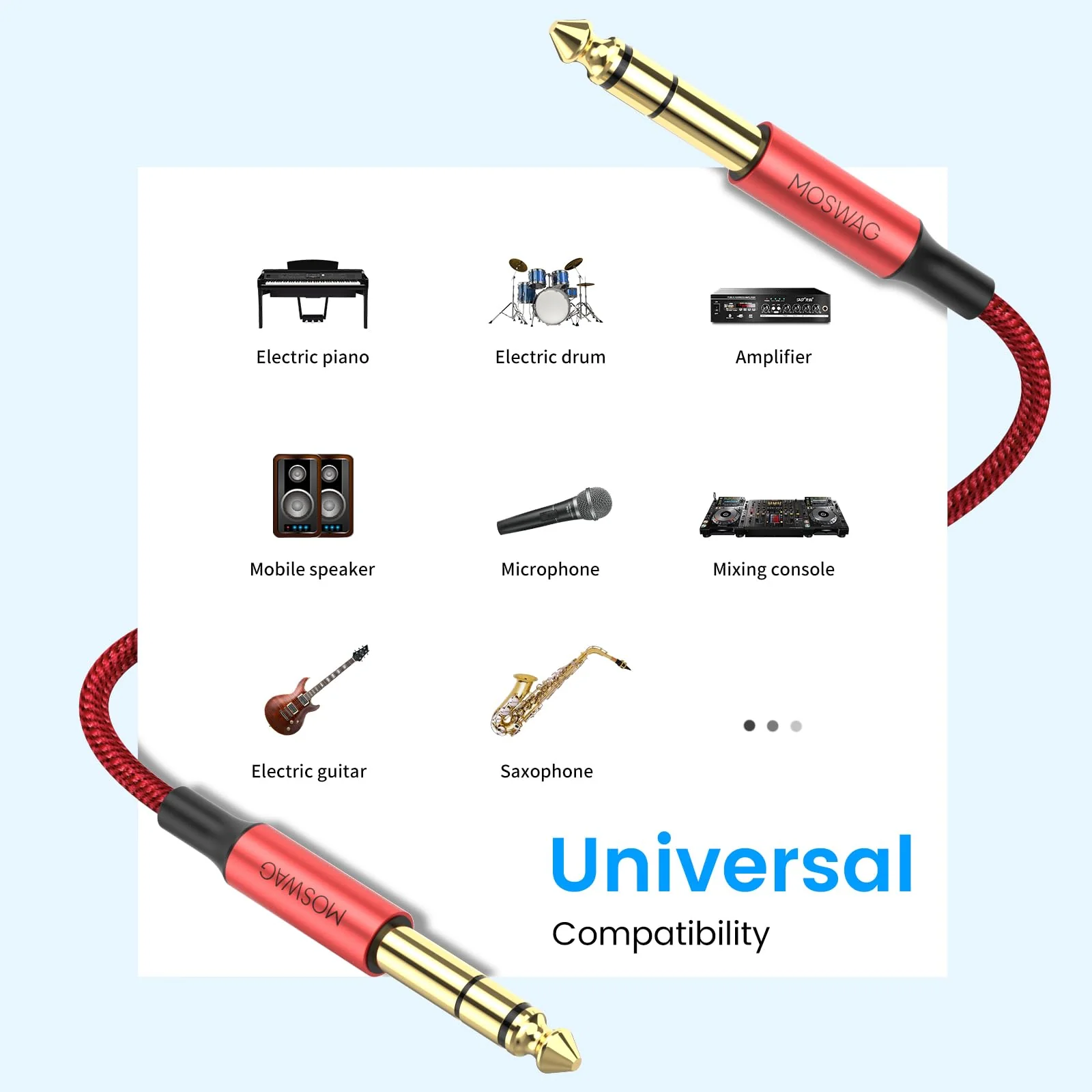 MOSWAG 6.35mm to 6.35mm Stereo Audio Cable 33ft, Straight 1/4" TRS Audio Guitar Male Jack Instrument Lead with Nylon Braided for Electric Guitar, Bass, Amplifier, Mixer, Keyboard, Speaker 32.8FT/10M Red - Image 2