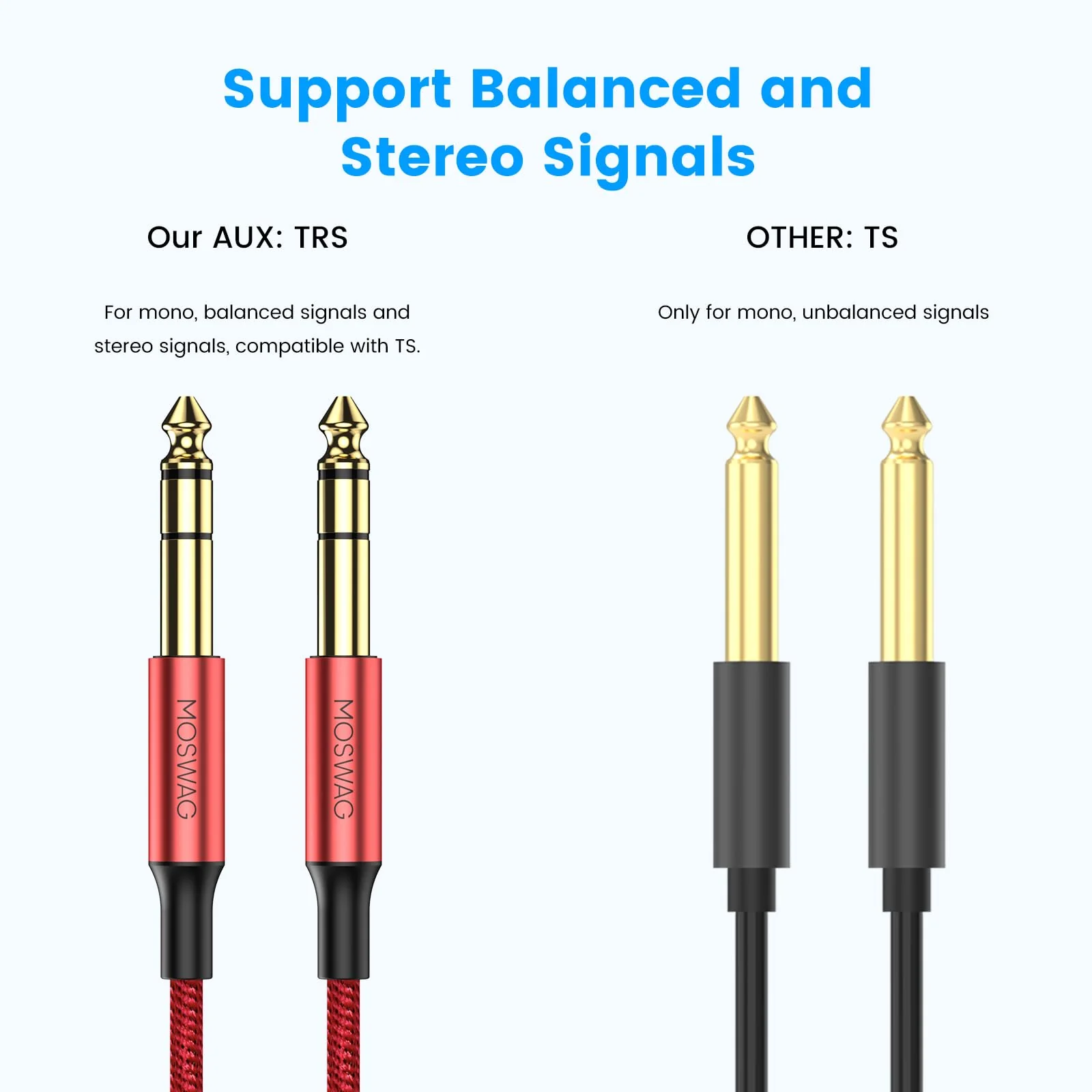 MOSWAG 6.35mm to 6.35mm Stereo Audio Cable 33ft, Straight 1/4" TRS Audio Guitar Male Jack Instrument Lead with Nylon Braided for Electric Guitar, Bass, Amplifier, Mixer, Keyboard, Speaker 32.8FT/10M Red - Image 3