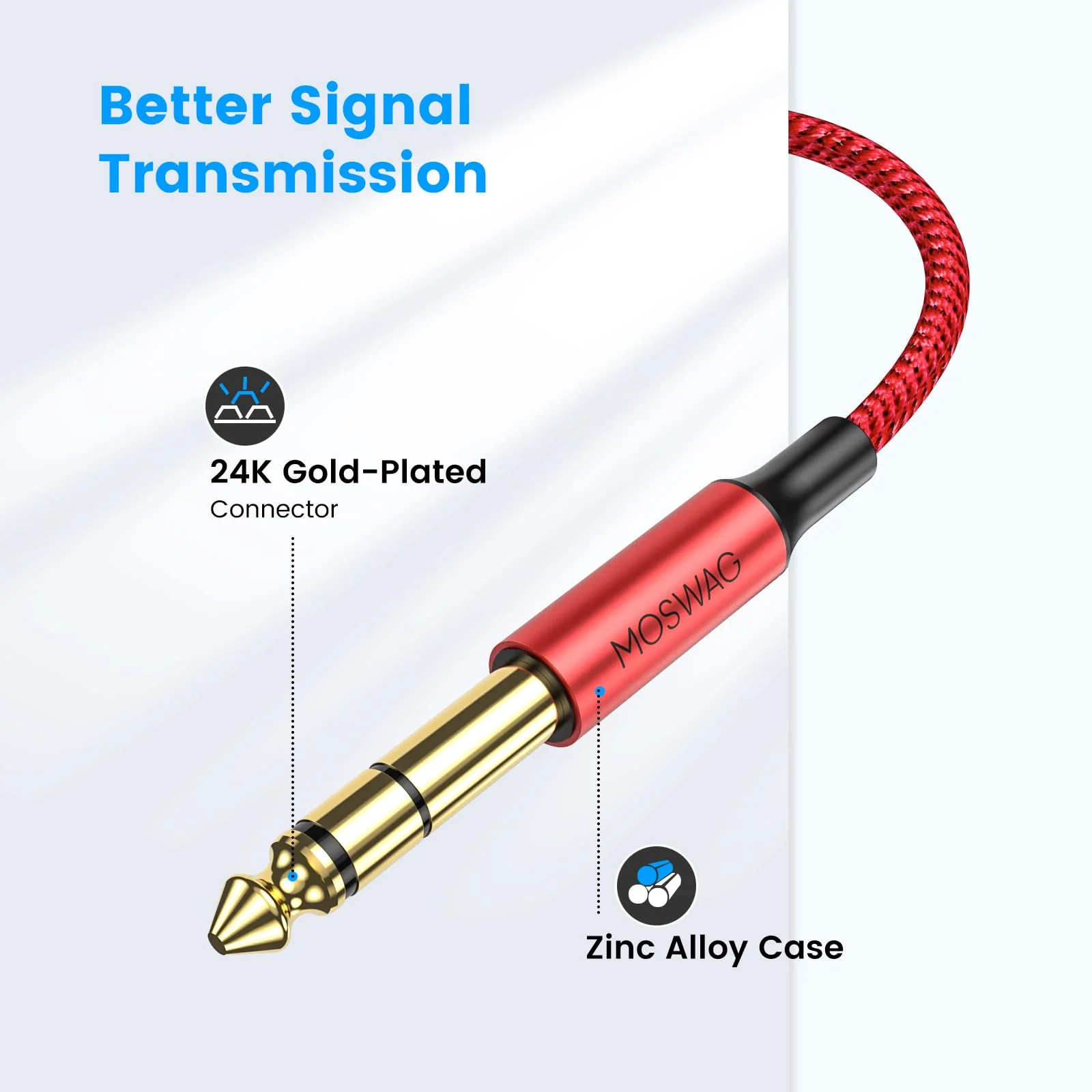 MOSWAG 6.35mm to 6.35mm Stereo Audio Cable 33ft, Straight 1/4" TRS Audio Guitar Male Jack Instrument Lead with Nylon Braided for Electric Guitar, Bass, Amplifier, Mixer, Keyboard, Speaker 32.8FT/10M Red - Image 6