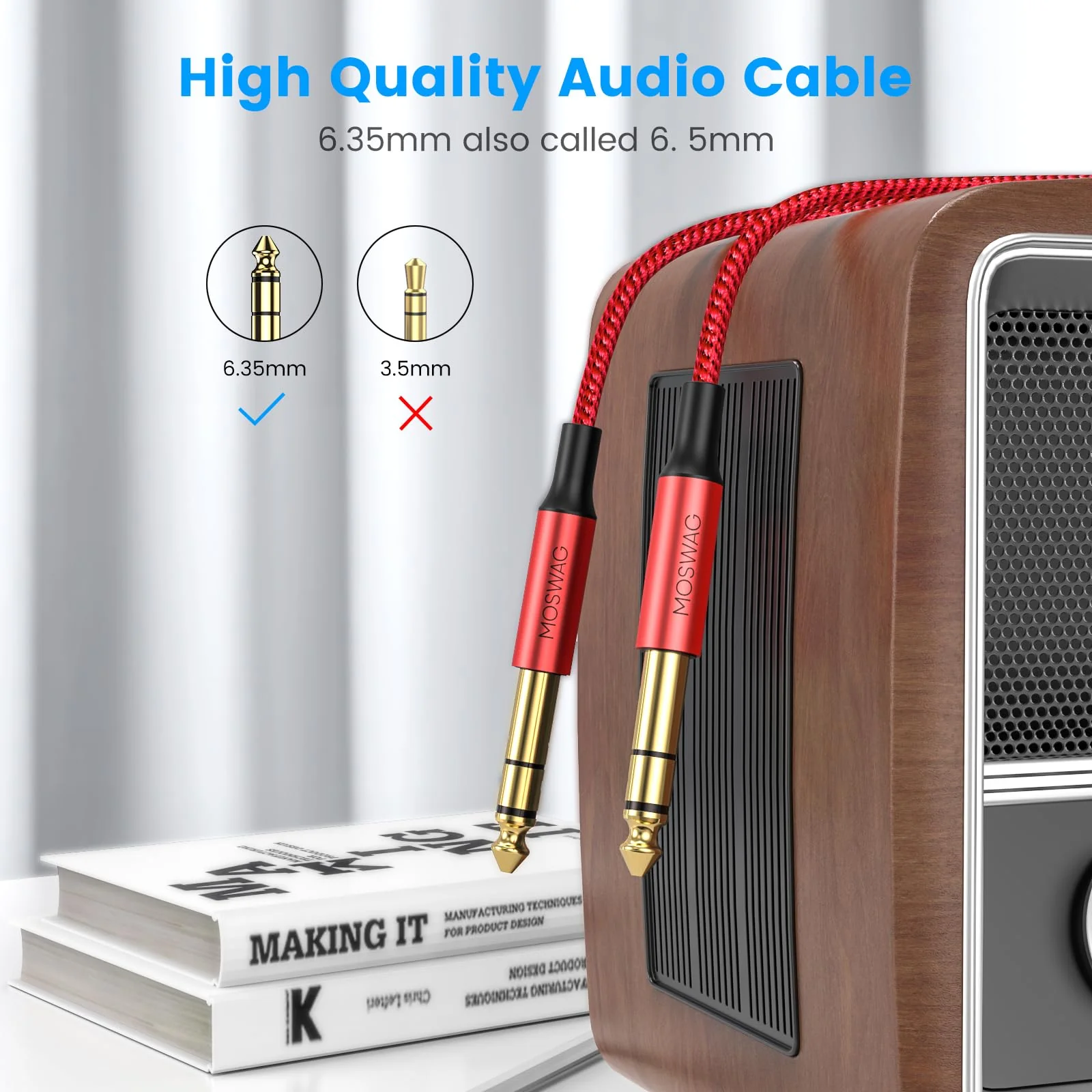 MOSWAG 6.35mm to 6.35mm Stereo Audio Cable 33ft, Straight 1/4" TRS Audio Guitar Male Jack Instrument Lead with Nylon Braided for Electric Guitar, Bass, Amplifier, Mixer, Keyboard, Speaker 32.8FT/10M Red - Image 7