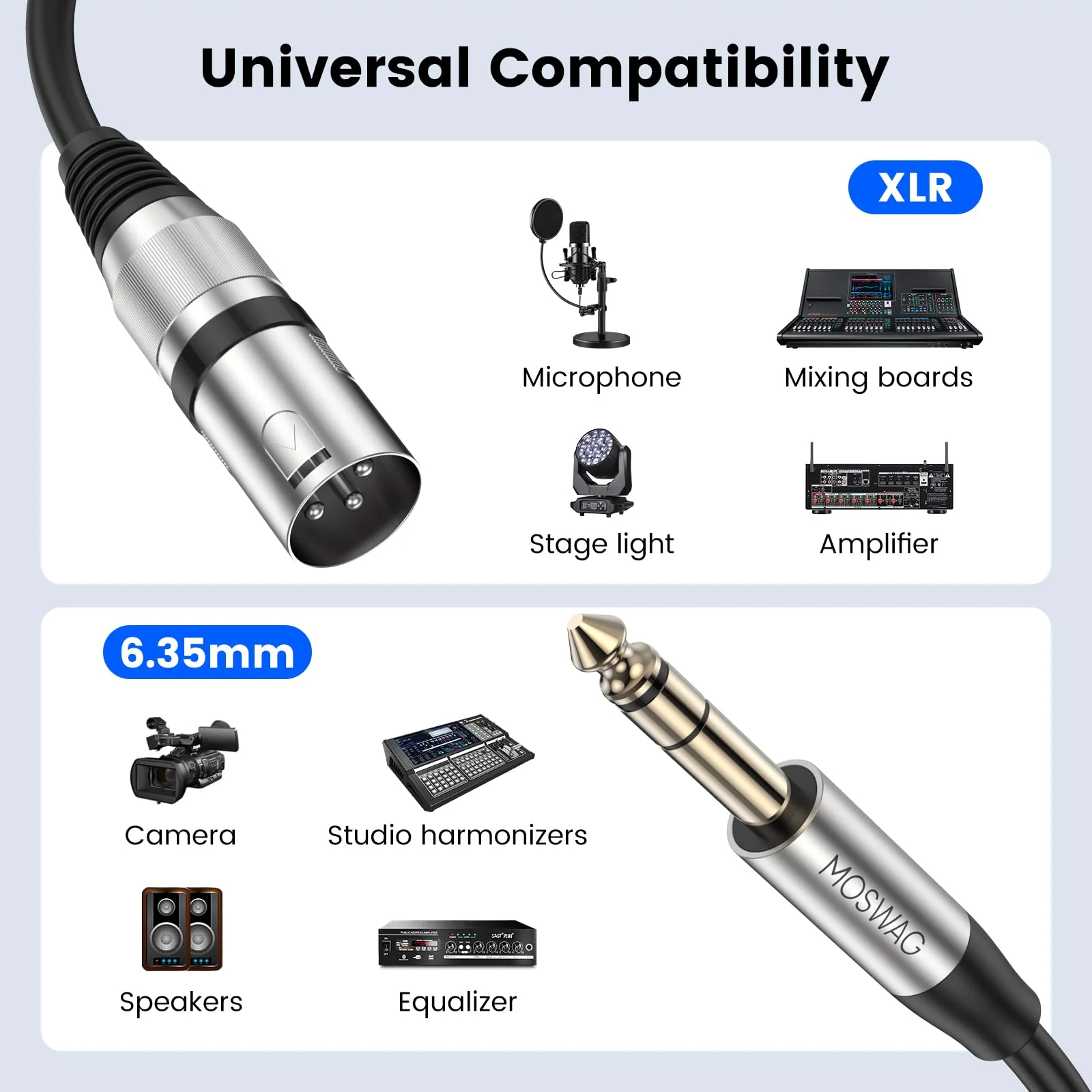 MOSWAG 6.35mm TRS Male to XLR 32.8FT/10M, 1/4 to Cannon MIC Male PVC Jacket XLR Cord, Instrument Cable, Noise-Cancelling Mic Speaker Cable for Audio Sound Consoles, Power Amplifier, Mixing Console Black - Image 4