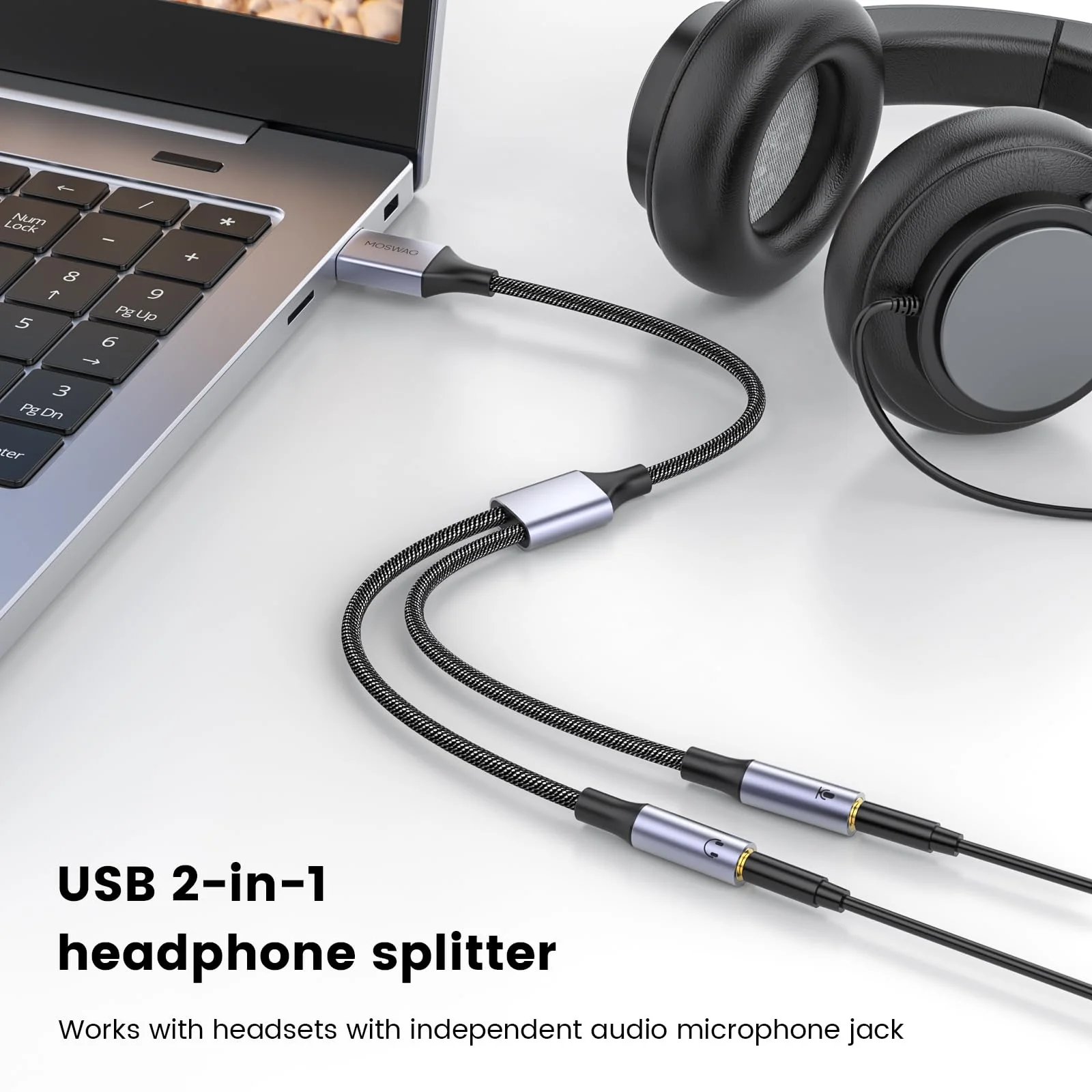 MOSWAG USB Audio Adapter External Sound Card Stereo Cable with Dual TRS 3-Pole 3.5mm Headphone and Microphone Jacks USB to Dual 3.5mm Audio Jack Adapter Cable for Windows Mac PC Laptops 10 Inch/25 cm Black - Image 2
