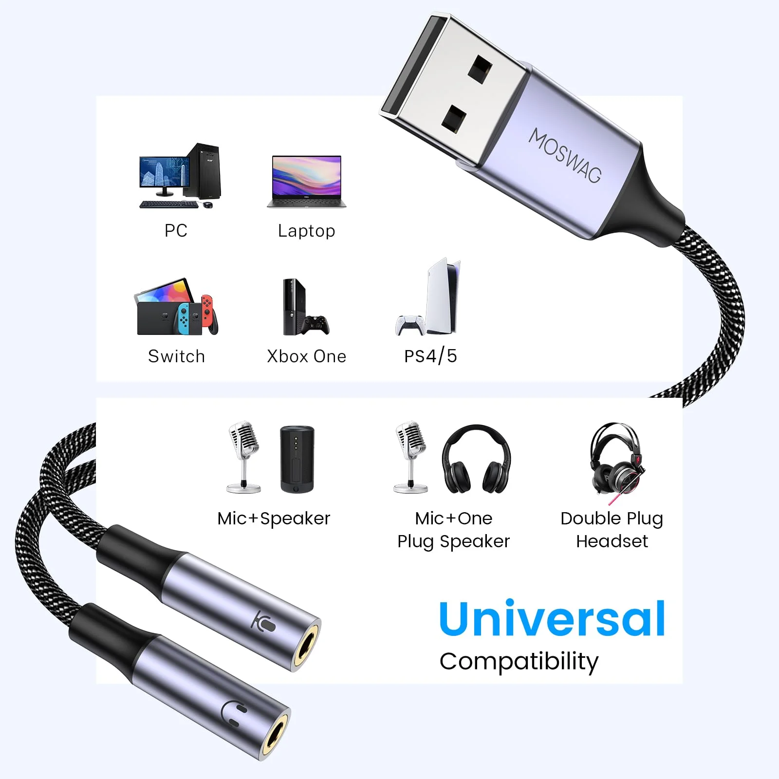MOSWAG USB Audio Adapter External Sound Card Stereo Cable with Dual TRS 3-Pole 3.5mm Headphone and Microphone Jacks USB to Dual 3.5mm Audio Jack Adapter Cable for Windows Mac PC Laptops 10 Inch/25 cm Black - Image 4