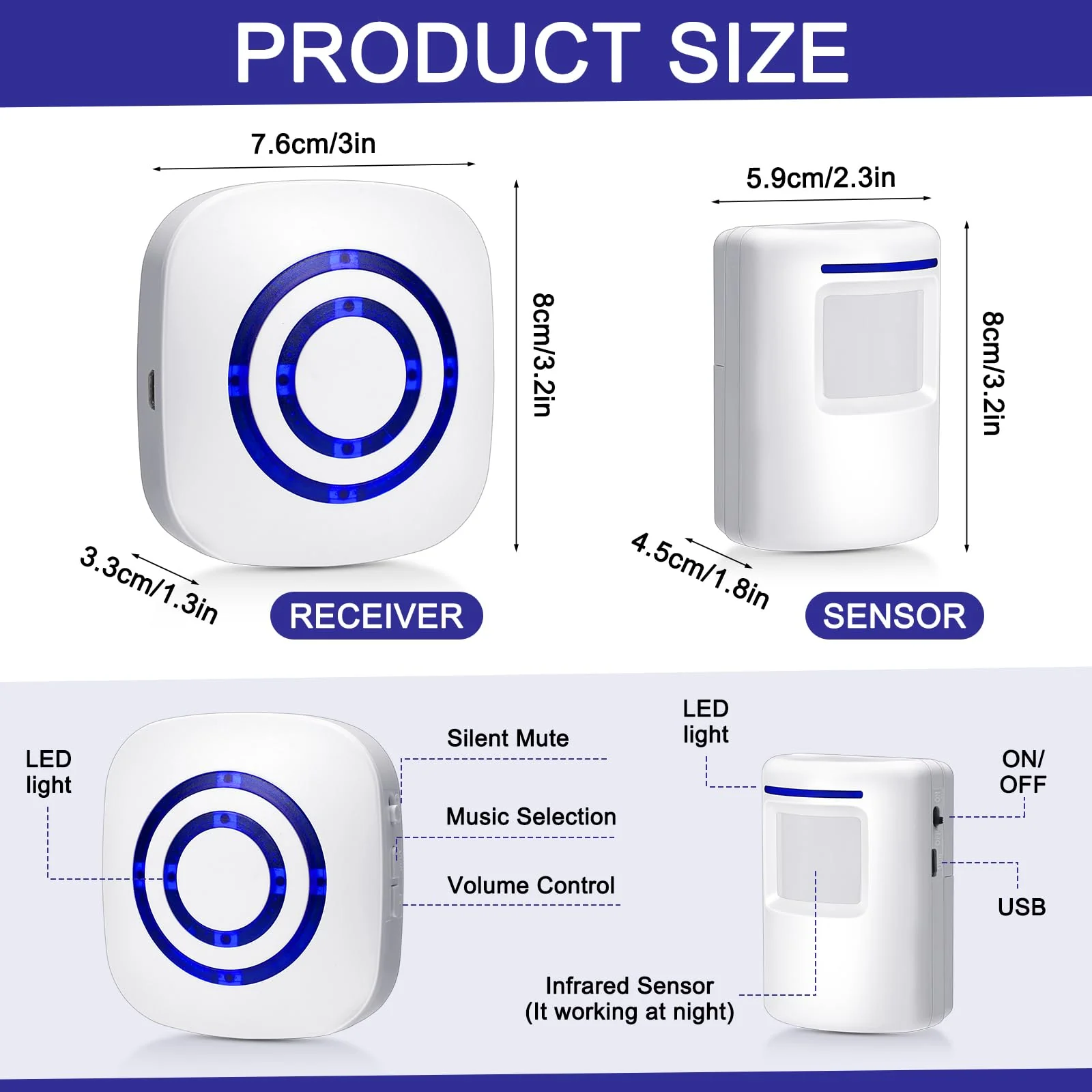 Motion Sensor Alarm Wireless Driveway Alarm Indoor Home Motion Detector Long Range Security Alert Monitor System with 6 Sensor and 3 Receiver, 38 Chime Tunes and LED Indicators - Image 2
