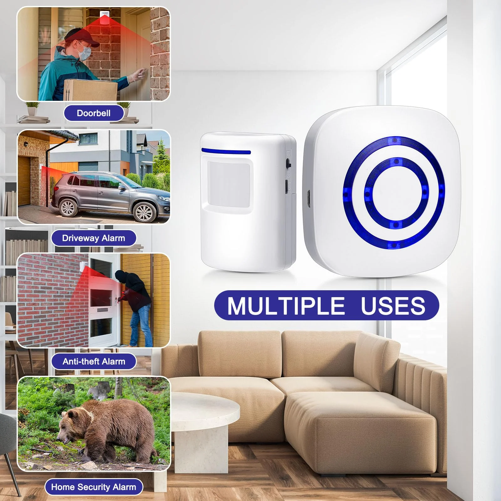 Motion Sensor Alarm Wireless Driveway Alarm Indoor Home Motion Detector Long Range Security Alert Monitor System with 6 Sensor and 3 Receiver, 38 Chime Tunes and LED Indicators - Image 6