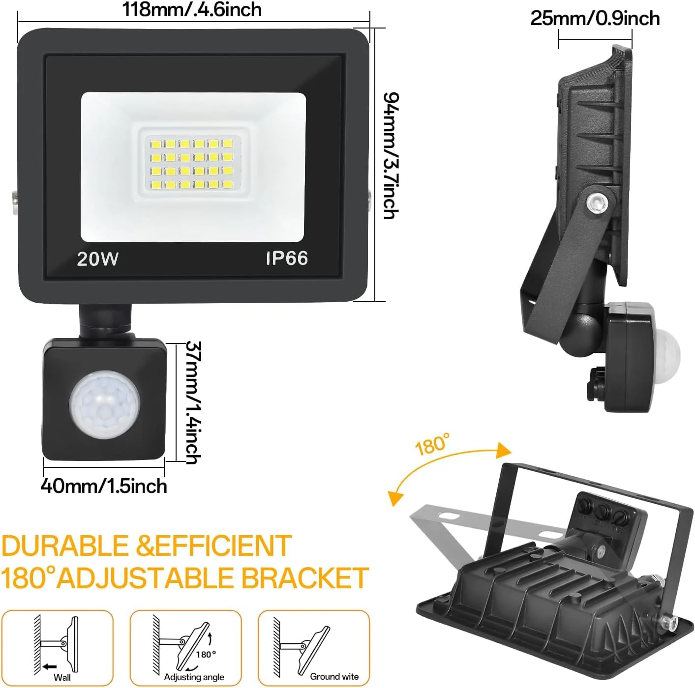 Motion Sensor Flood Light Outdoor, Plug in Motion Sensor Light with 4.9ft Cord, IP66 Waterproof Floodlights with Photocell 6000K Super Bright Security Light for Garden Patio 2Pcs 20W - Image 2