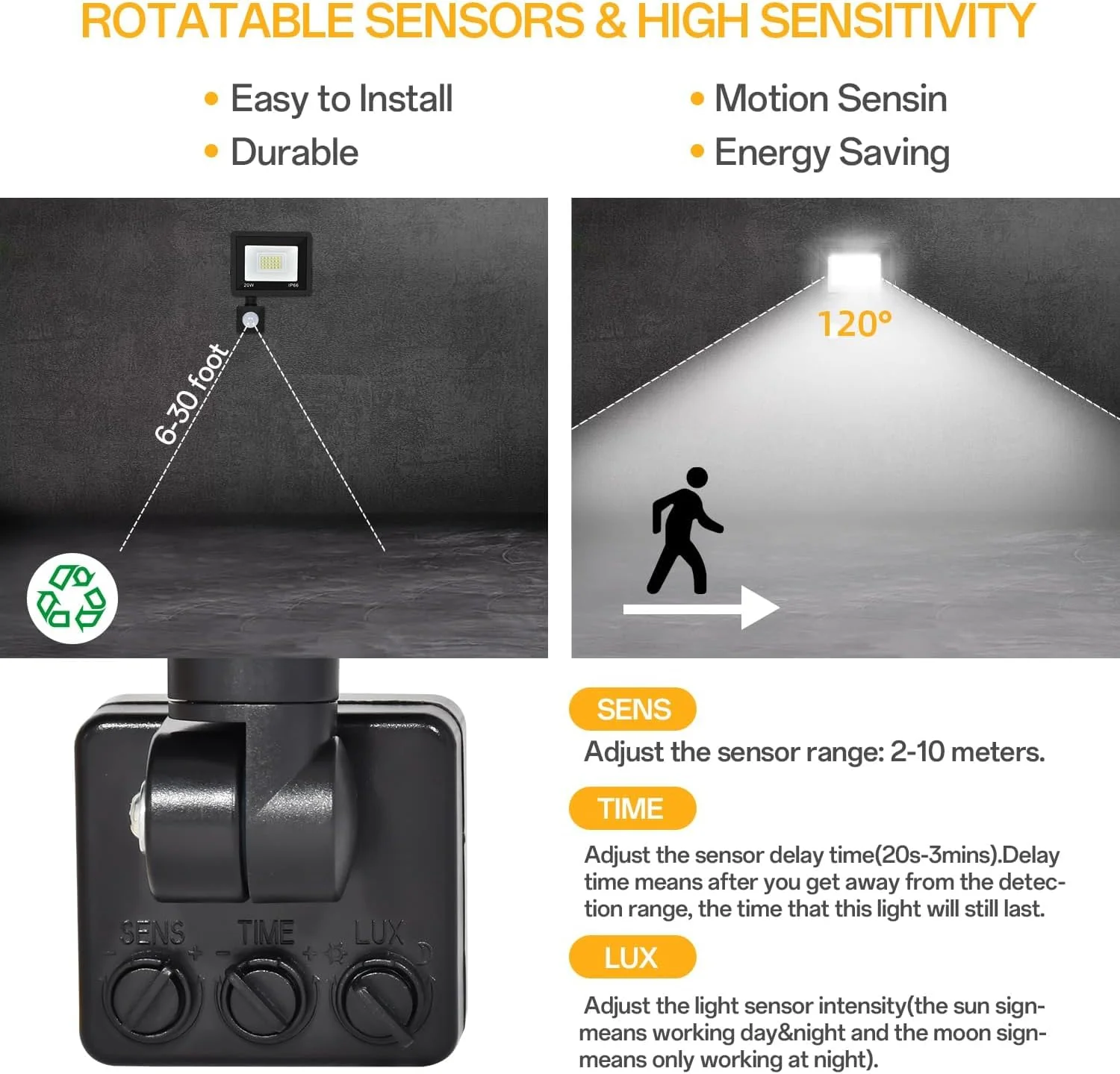Motion Sensor Flood Light Outdoor, Plug in Motion Sensor Light with 4.9ft Cord, IP66 Waterproof Floodlights with Photocell 6000K Super Bright Security Light for Garden Patio 2Pcs 20W - Image 5