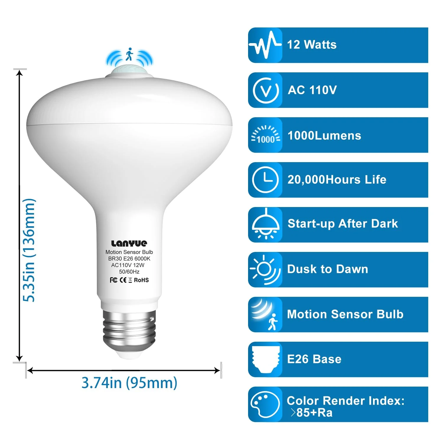 Motion Sensor Light Bulbs, Dusk to Dawn Motion Activated Security Lights, 12W BR30 Motion Detector Led Bulb, 100 Watt Equivalent, E26 6000K Daylight, Suitable for Indoor/Outdoor, (4 Pack) LY-BR30H001 - Image 4