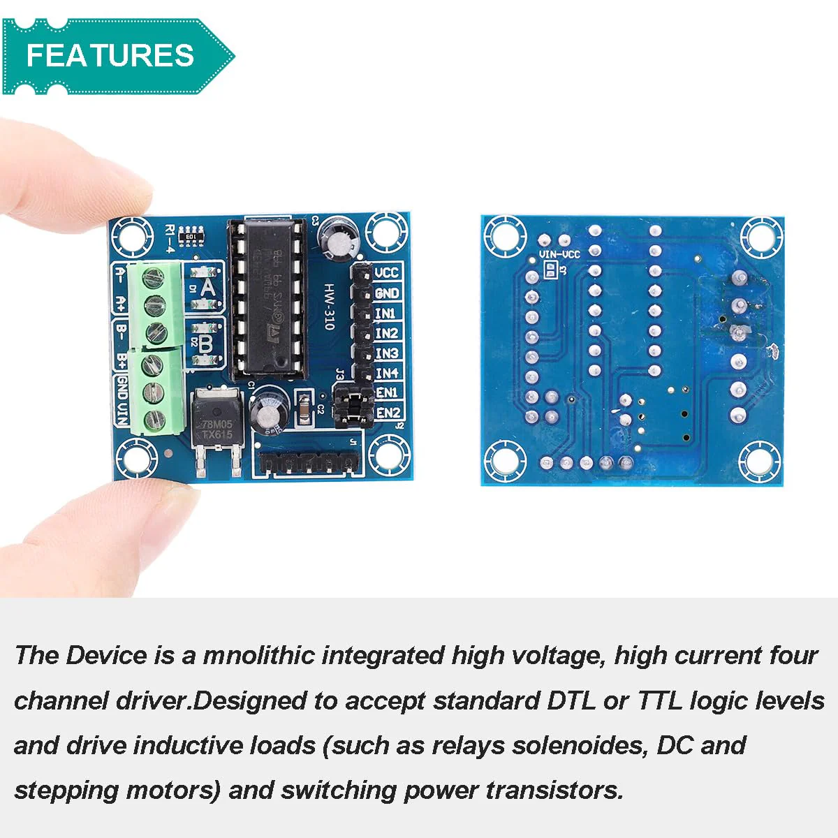Motor Driver L293D 4 Channel Mini Motor Drive Expansion Board Motor Forward and Reverse Control PWM Speed Regulation DC 4.5V-36Vwith DC Female Cable Dupont Cable, 2 pcs - Image 3