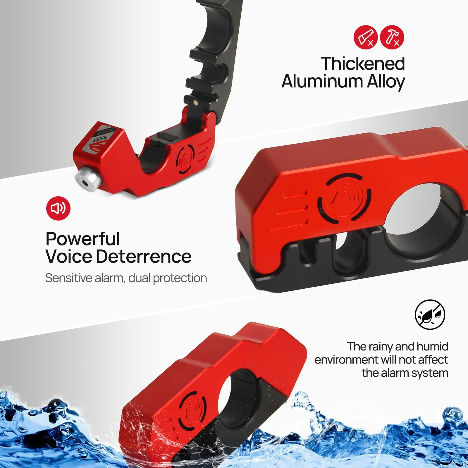 Motorcycle Locks Anti Theft, 130DB Alarm Motorcycle Grip Brake Lock, Heavy Duty Handlebar Throttle Lock Waterproof Alarm System for Moped, Bike, Scooter, ATV (Red) Red - Image 2