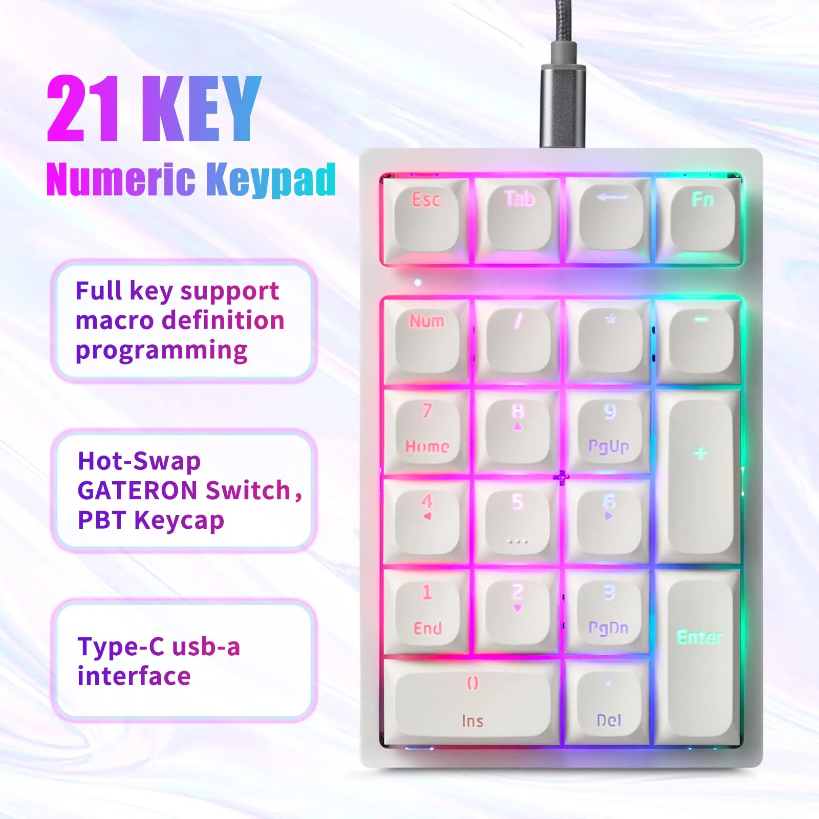 MOTOSPEED Mechanical Numeric Keypad Hot-Swap GATERON Switch Wired Gaming Keypad RGB Backlit PBT Keycap 21 Keys Mini Numpad Portable Keypad Extended Layout(Gateron Blue) classic White blue switch - Image 2