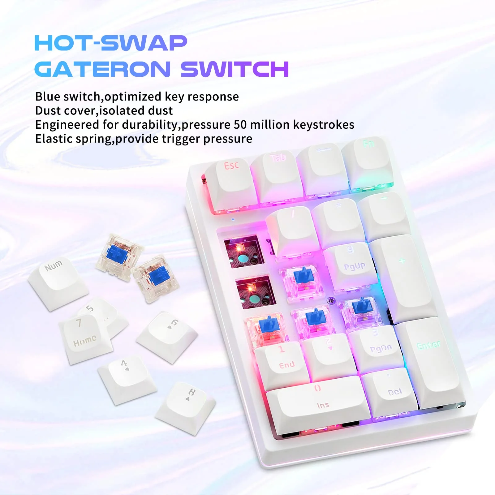 MOTOSPEED Mechanical Numeric Keypad Hot-Swap GATERON Switch Wired Gaming Keypad RGB Backlit PBT Keycap 21 Keys Mini Numpad Portable Keypad Extended Layout(Gateron Blue) classic White blue switch - Image 3