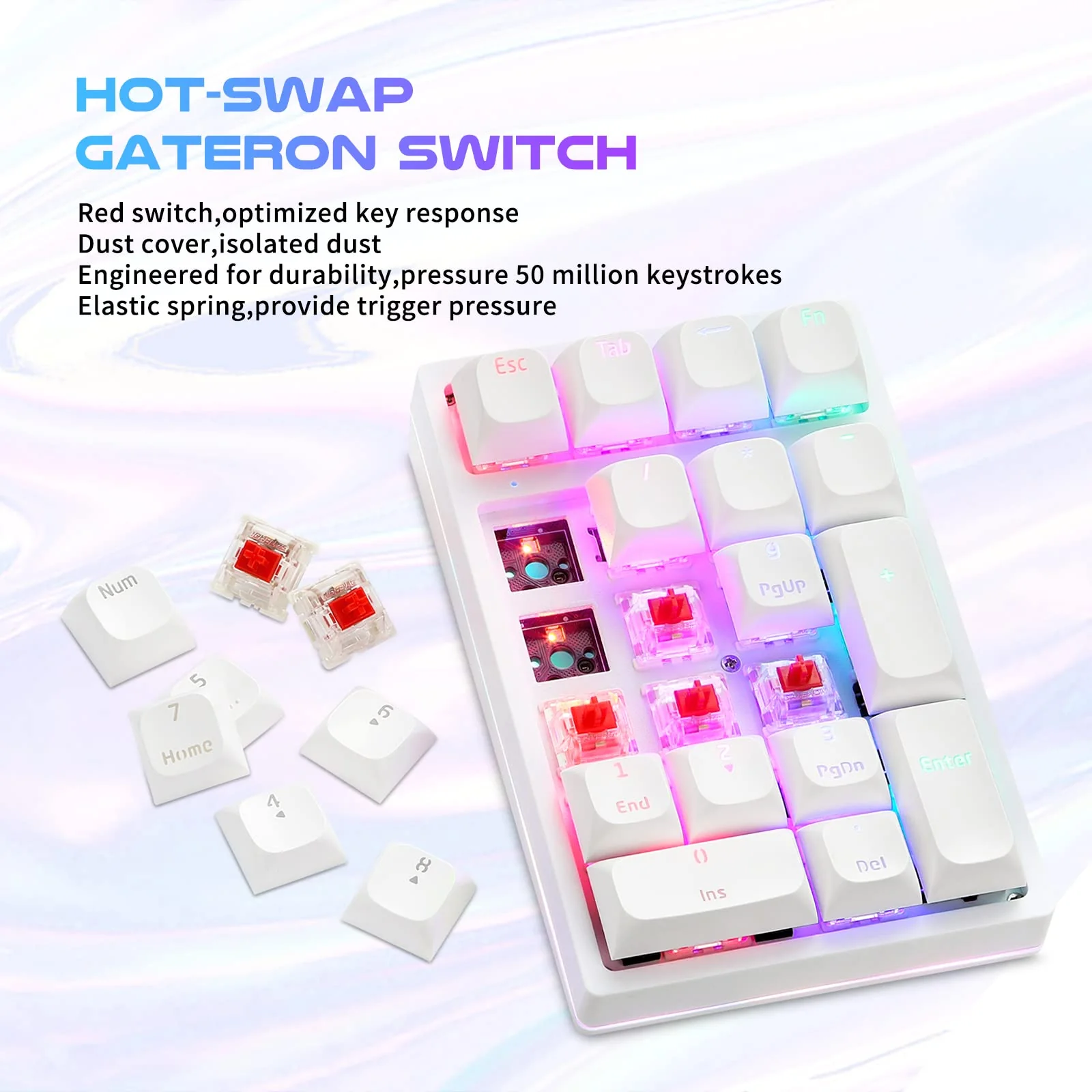 MOTOSPEED Mechanical Numeric Keypad Hot-Swap GATERON Switch Wired Gaming Keypad RGB Backlit PBT Keycap 21 Keys Mini Numpad Portable Keypad Extended Layout(Gateron Red) classic White red switch - Image 3