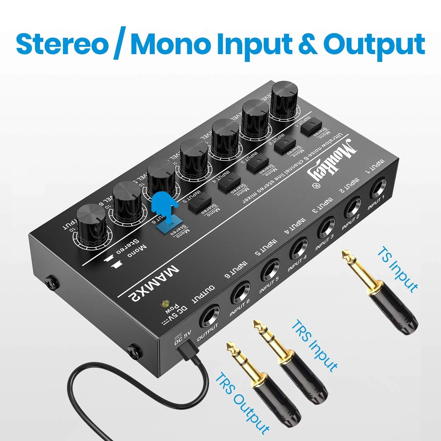 Moukey Audio Mixer, DC 5V, 6 Stereo Ultra, Low Noise 6 Channel Line Mixer for Sub-Mixing, for Small Clubs or Bars, As Guitars, Bass, Keyboards Mixer, MAMX2 Medium (6-channel) - Image 2