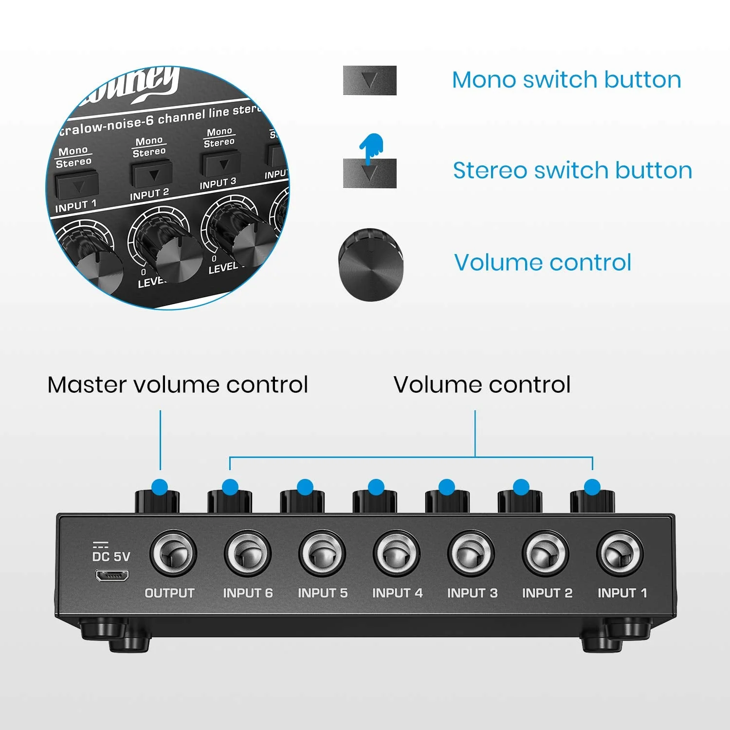Moukey Audio Mixer, DC 5V, 6 Stereo Ultra, Low Noise 6 Channel Line Mixer for Sub-Mixing, for Small Clubs or Bars, As Guitars, Bass, Keyboards Mixer, MAMX2 Medium (6-channel) - Image 4
