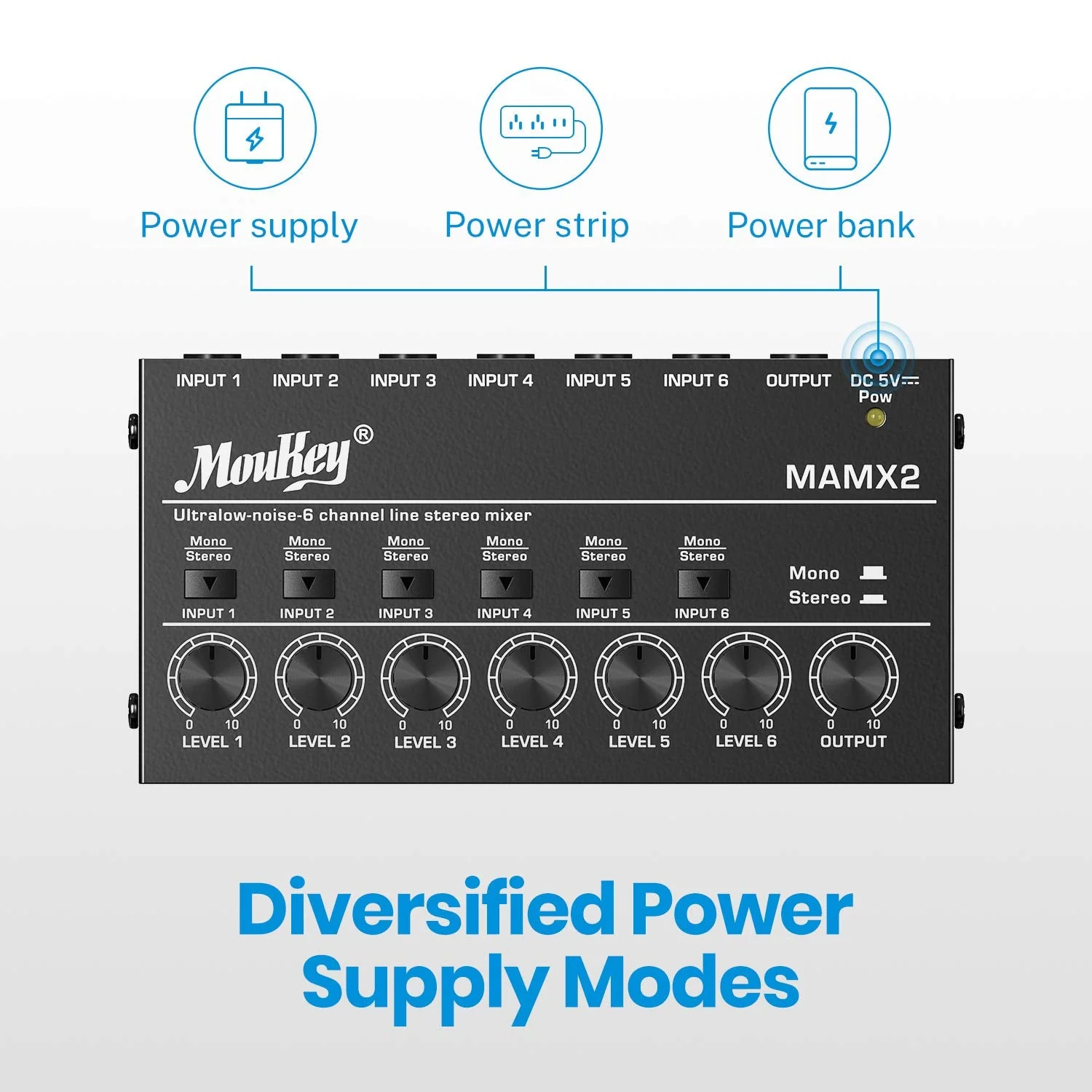 Moukey Audio Mixer, DC 5V, 6 Stereo Ultra, Low Noise 6 Channel Line Mixer for Sub-Mixing, for Small Clubs or Bars, As Guitars, Bass, Keyboards Mixer, MAMX2 Medium (6-channel) - Image 5
