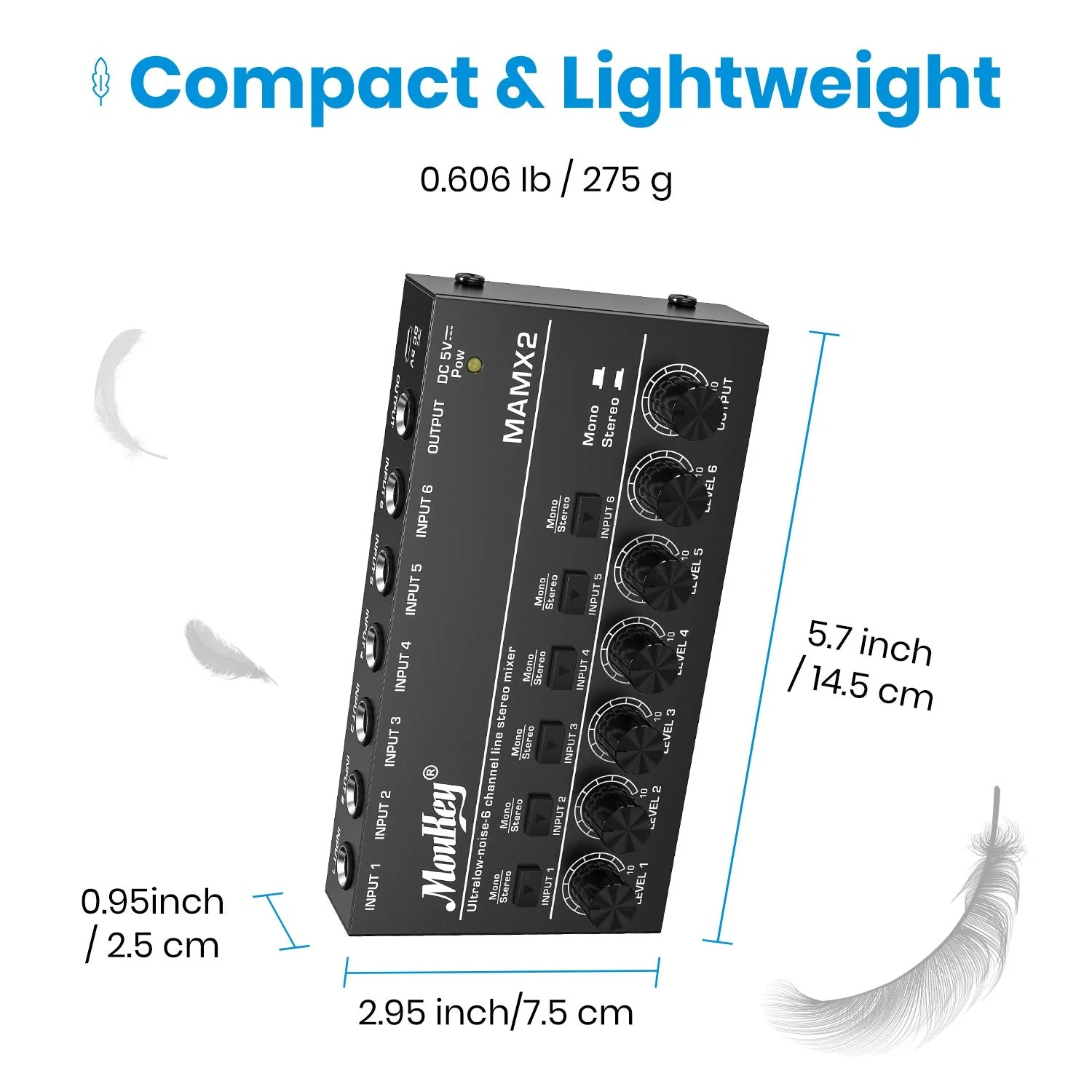 Moukey Audio Mixer, DC 5V, 6 Stereo Ultra, Low Noise 6 Channel Line Mixer for Sub-Mixing, for Small Clubs or Bars, As Guitars, Bass, Keyboards Mixer, MAMX2 Medium (6-channel) - Image 7