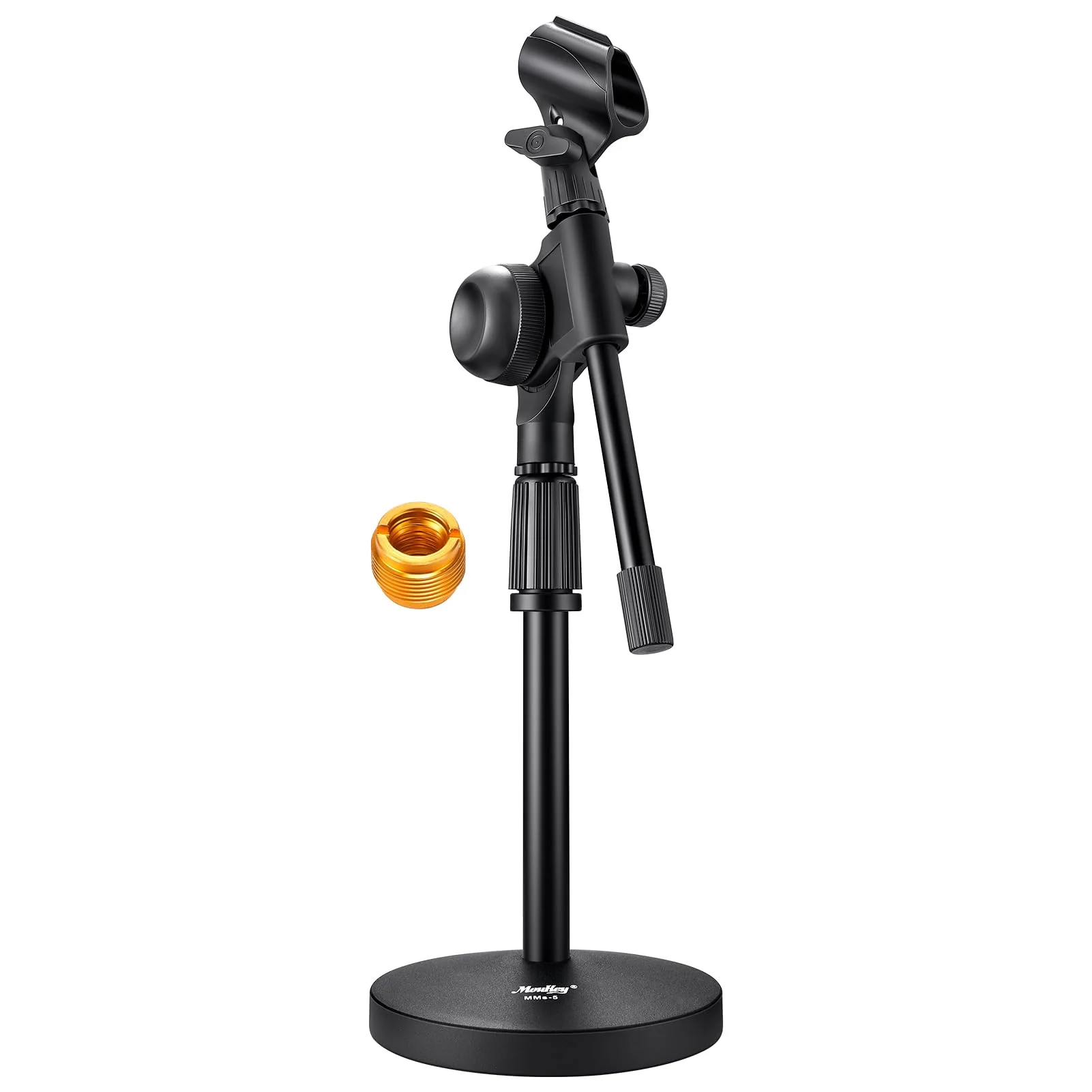 Moukey Mic Stand Desk Adjustable Tabletop Microphone Stand with Non-Slip Mic Clip, Short Table Mic Stand with Gear Fixing, Boom Arm, 3/8" and 5/8" Adapter, MMs-5