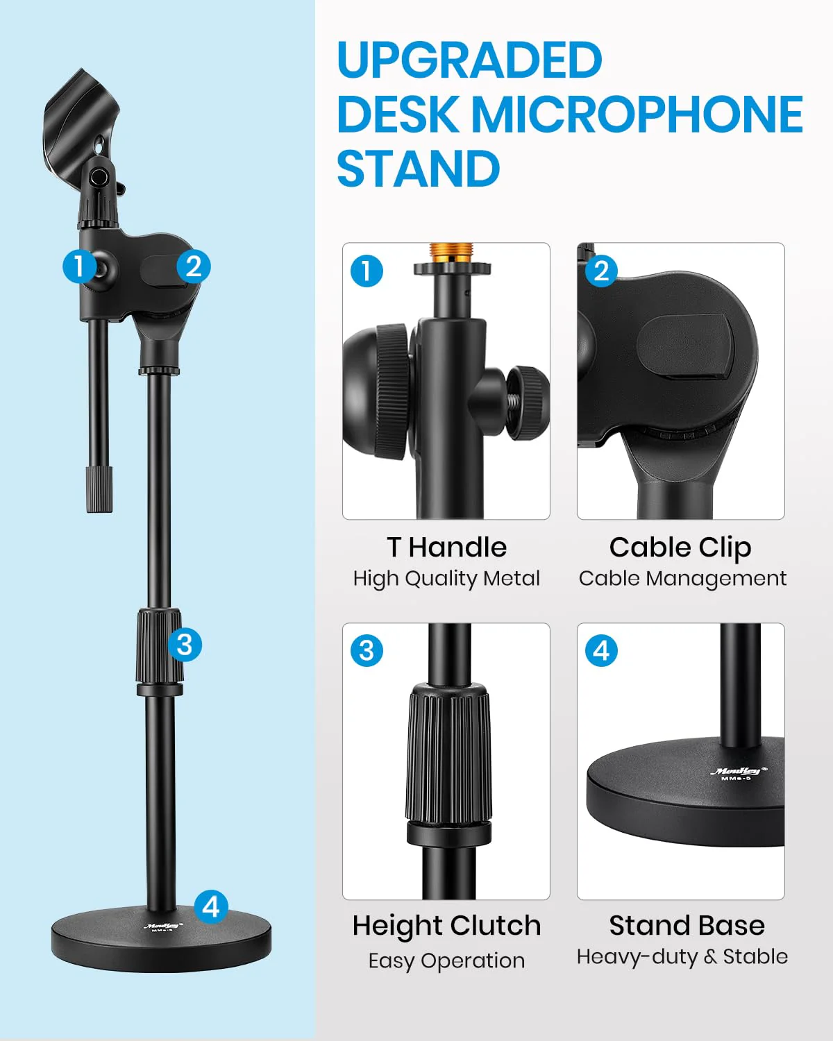 Moukey Mic Stand Desk Adjustable Tabletop Microphone Stand with Non-Slip Mic Clip, Short Table Mic Stand with Gear Fixing, Boom Arm, 3/8" and 5/8" Adapter, MMs-5 - Image 2