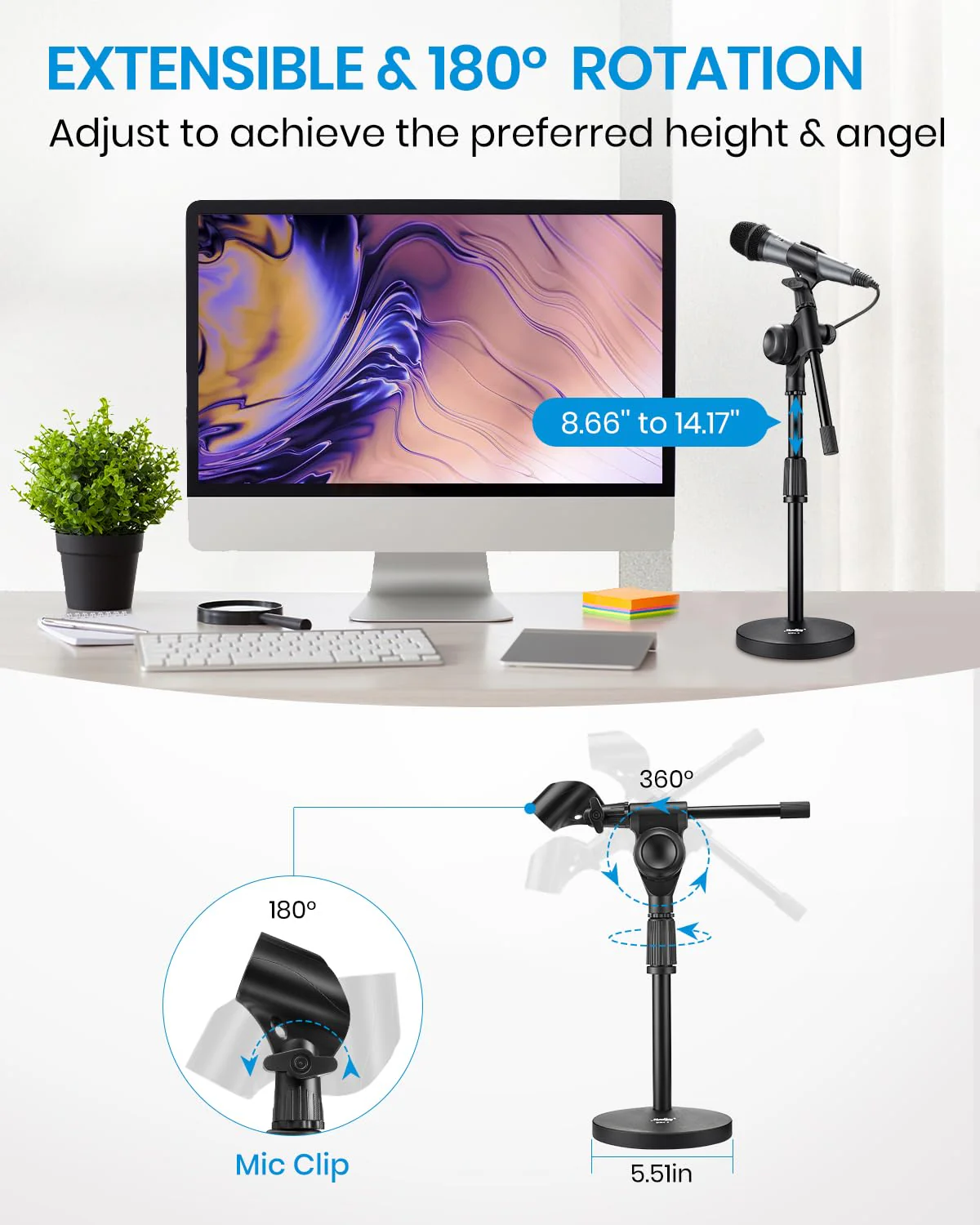 Moukey Mic Stand Desk Adjustable Tabletop Microphone Stand with Non-Slip Mic Clip, Short Table Mic Stand with Gear Fixing, Boom Arm, 3/8" and 5/8" Adapter, MMs-5 - Image 3