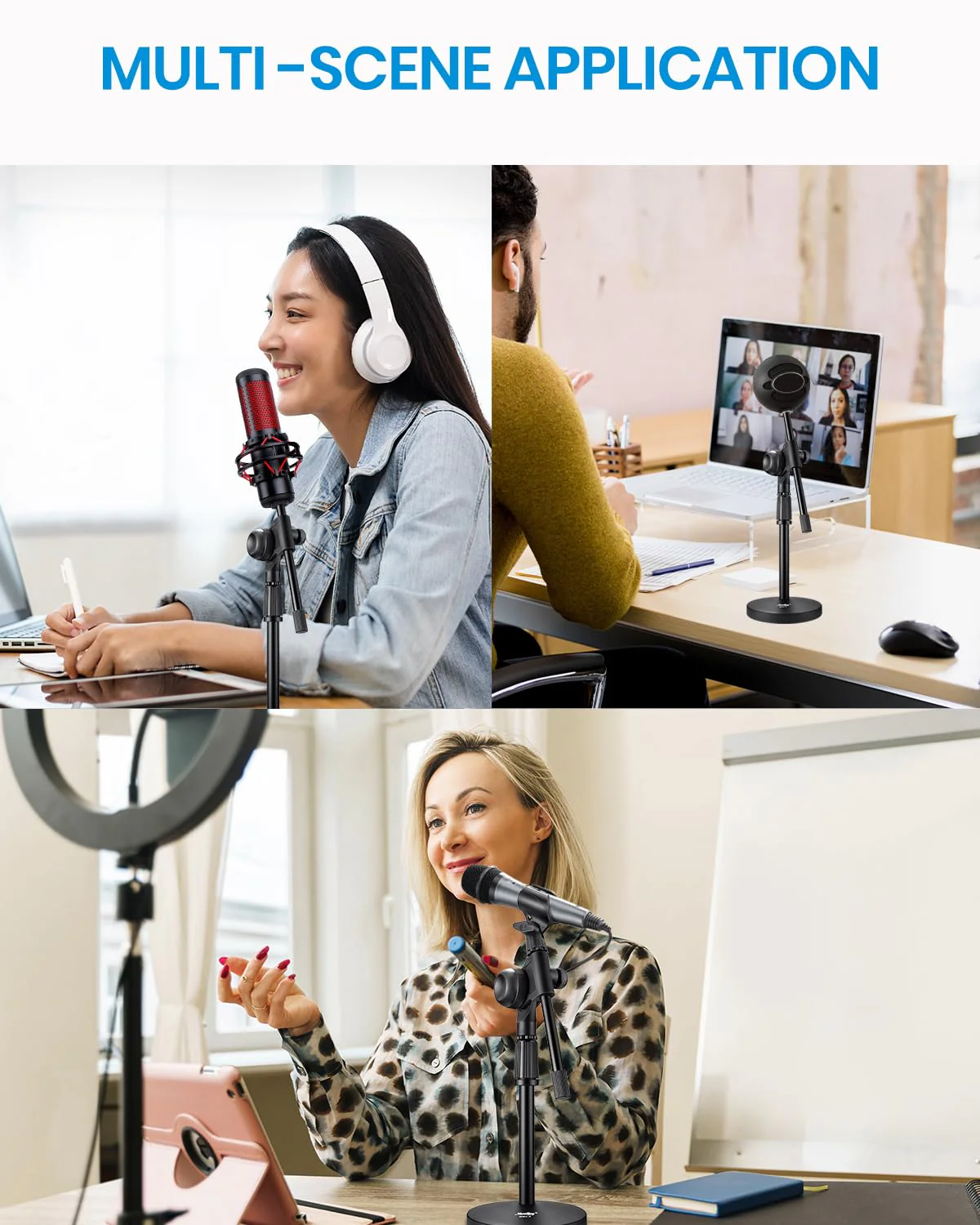 Moukey Mic Stand Desk Adjustable Tabletop Microphone Stand with Non-Slip Mic Clip, Short Table Mic Stand with Gear Fixing, Boom Arm, 3/8" and 5/8" Adapter, MMs-5 - Image 5