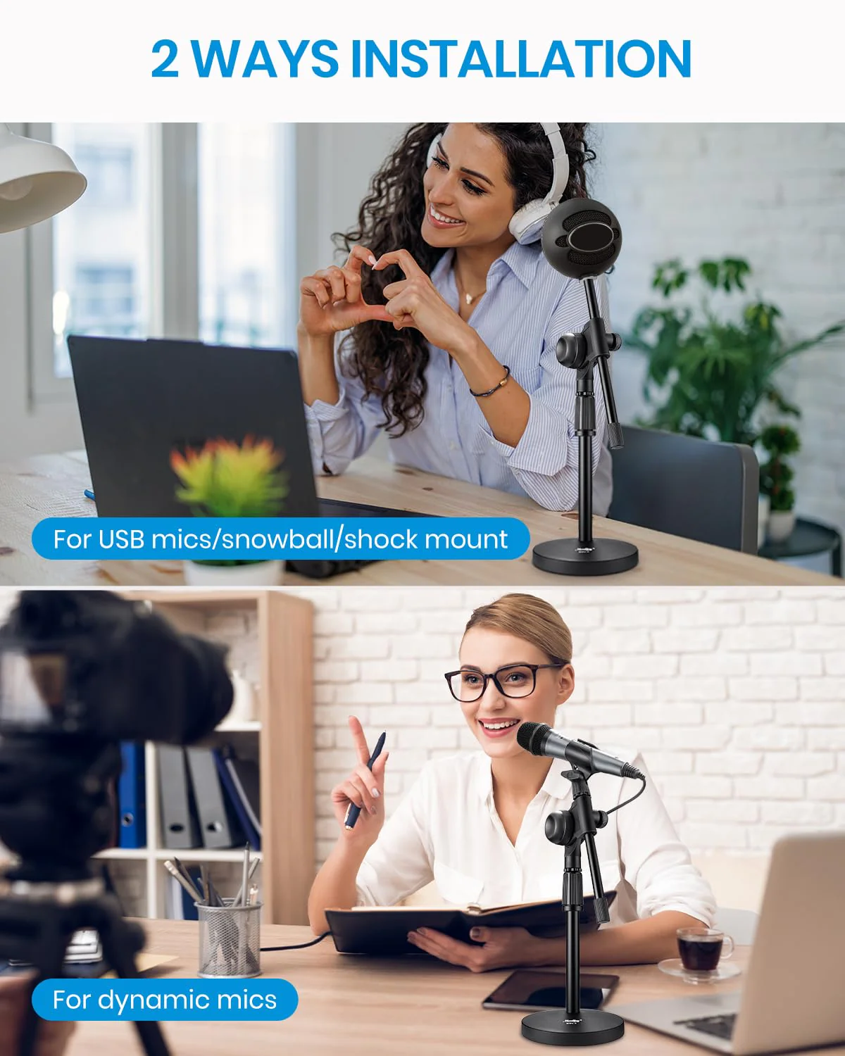 Moukey Mic Stand Desk Adjustable Tabletop Microphone Stand with Non-Slip Mic Clip, Short Table Mic Stand with Gear Fixing, Boom Arm, 3/8" and 5/8" Adapter, MMs-5 - Image 6