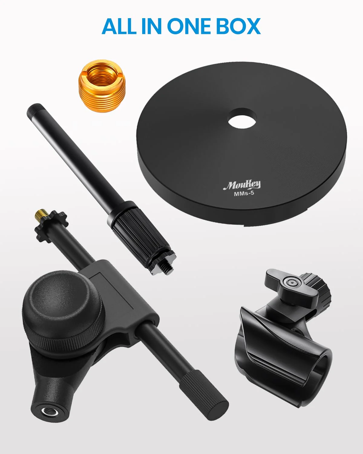 Moukey Mic Stand Desk Adjustable Tabletop Microphone Stand with Non-Slip Mic Clip, Short Table Mic Stand with Gear Fixing, Boom Arm, 3/8" and 5/8" Adapter, MMs-5 - Image 7