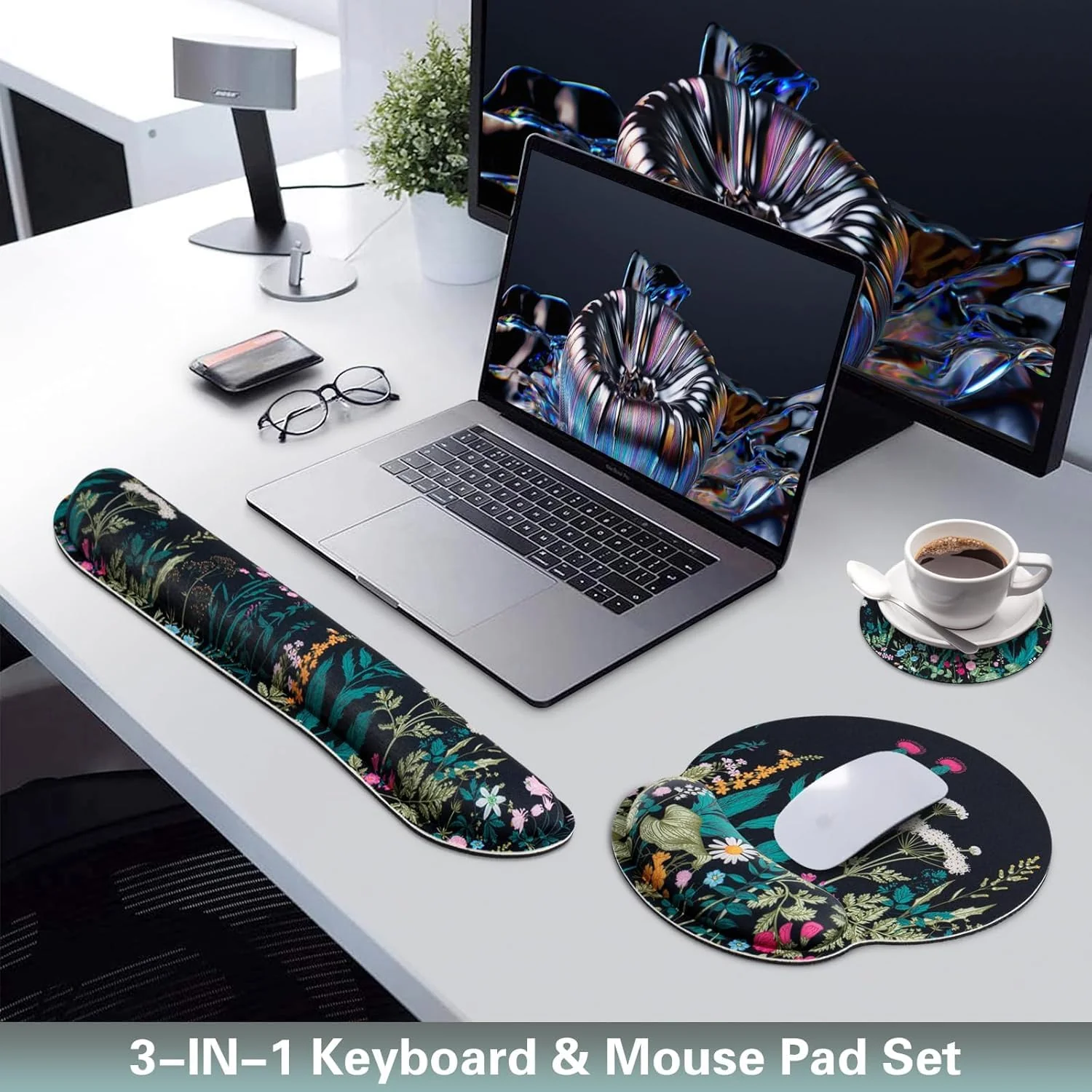 Mouse Pad with Wrist Rest Set,Qomolama 3-in-1 Wrist Support Mouse Pad Set,Gaming Mouse Pad with Anti-Skid Base,Ergonomic Mouse Pad,Memory Foam Keyboard Gel Wrist Rest Flowers & Plants - Image 2