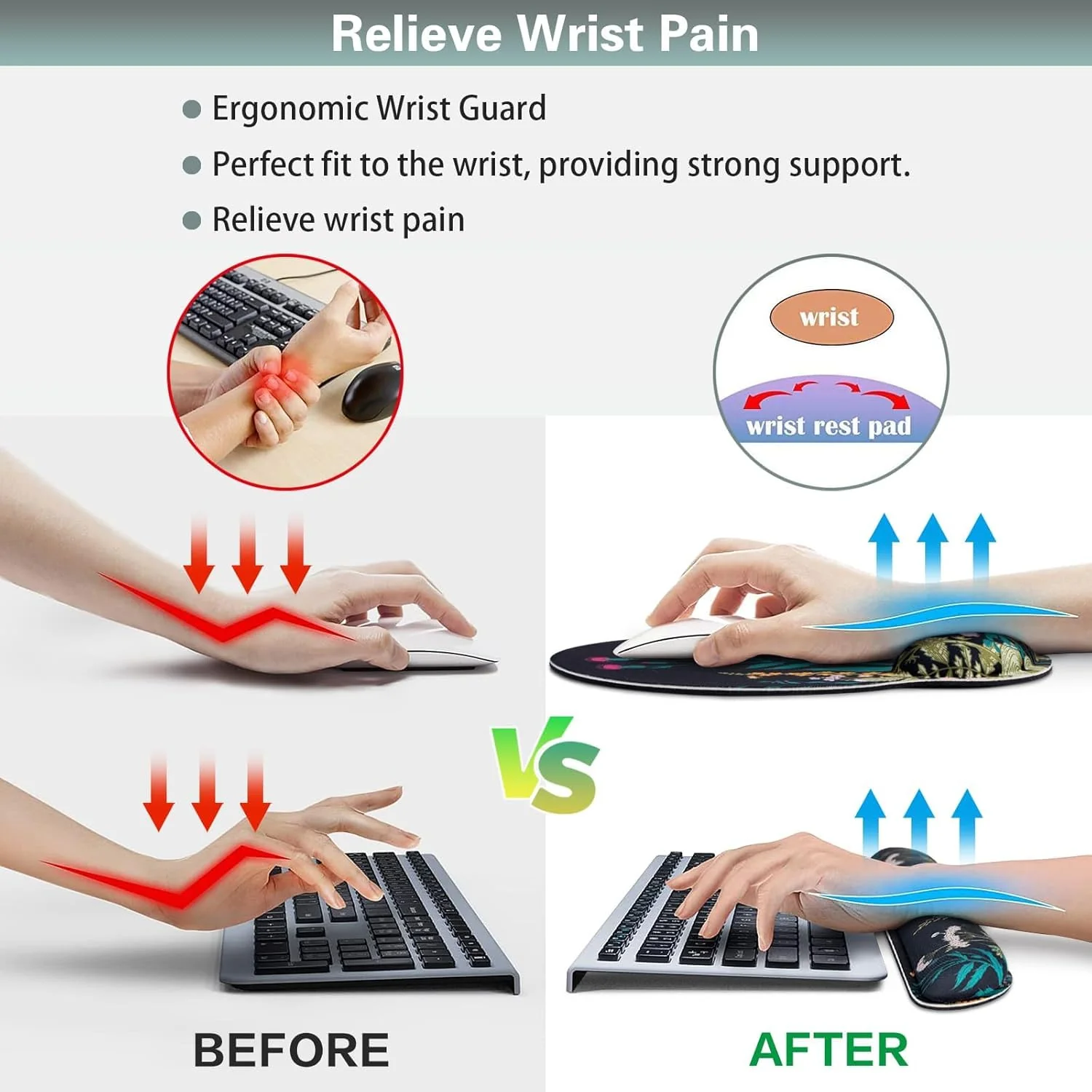 Mouse Pad with Wrist Rest Set,Qomolama 3-in-1 Wrist Support Mouse Pad Set,Gaming Mouse Pad with Anti-Skid Base,Ergonomic Mouse Pad,Memory Foam Keyboard Gel Wrist Rest Flowers & Plants - Image 6