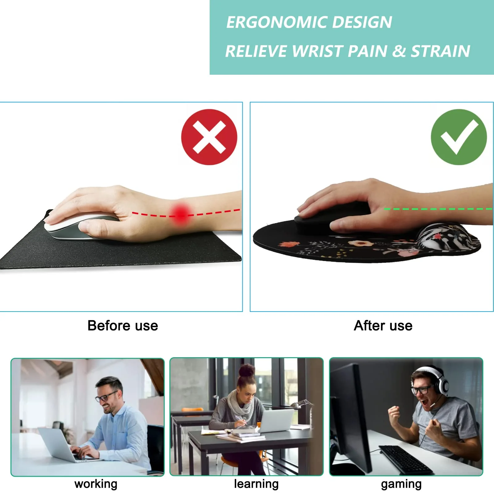 Mouse Pad with Wrist Support, Ergonomic Mouse Pad with Memory Foam Wrist Rest Cushion, Non-slip Rubber Base Gaming Mice Pad for Home Office Computer Laptop, Flower Black U-flower black - Image 2