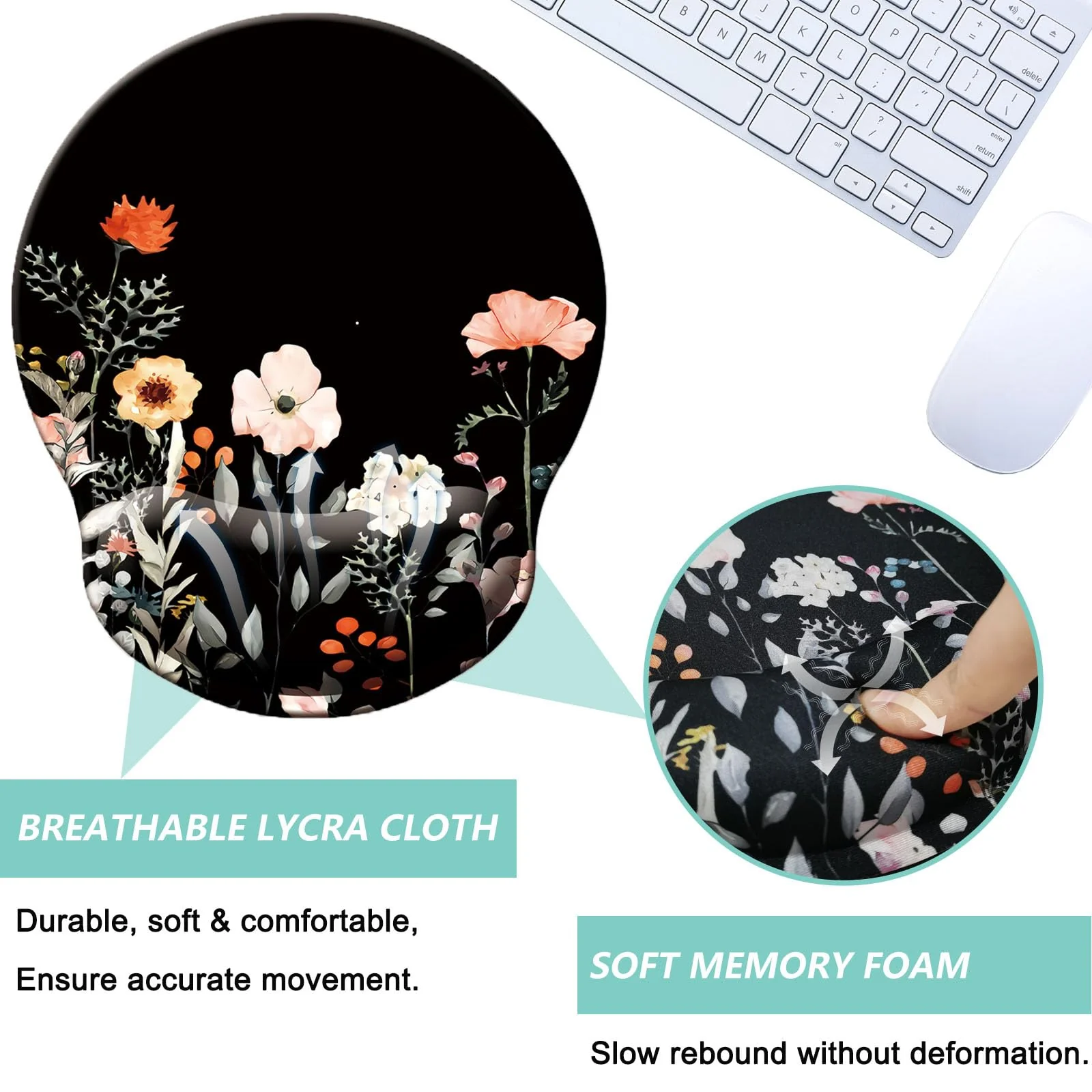 Mouse Pad with Wrist Support, Ergonomic Mouse Pad with Memory Foam Wrist Rest Cushion, Non-slip Rubber Base Gaming Mice Pad for Home Office Computer Laptop, Flower Black U-flower black - Image 3