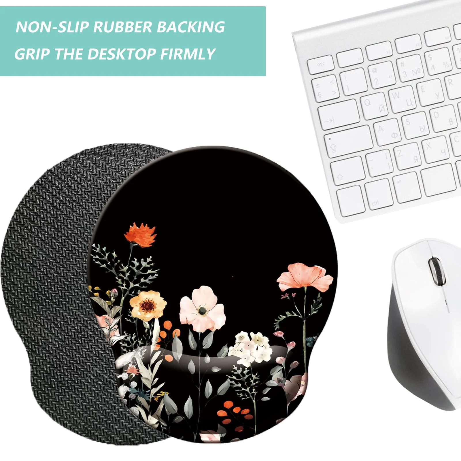 Mouse Pad with Wrist Support, Ergonomic Mouse Pad with Memory Foam Wrist Rest Cushion, Non-slip Rubber Base Gaming Mice Pad for Home Office Computer Laptop, Flower Black U-flower black - Image 4