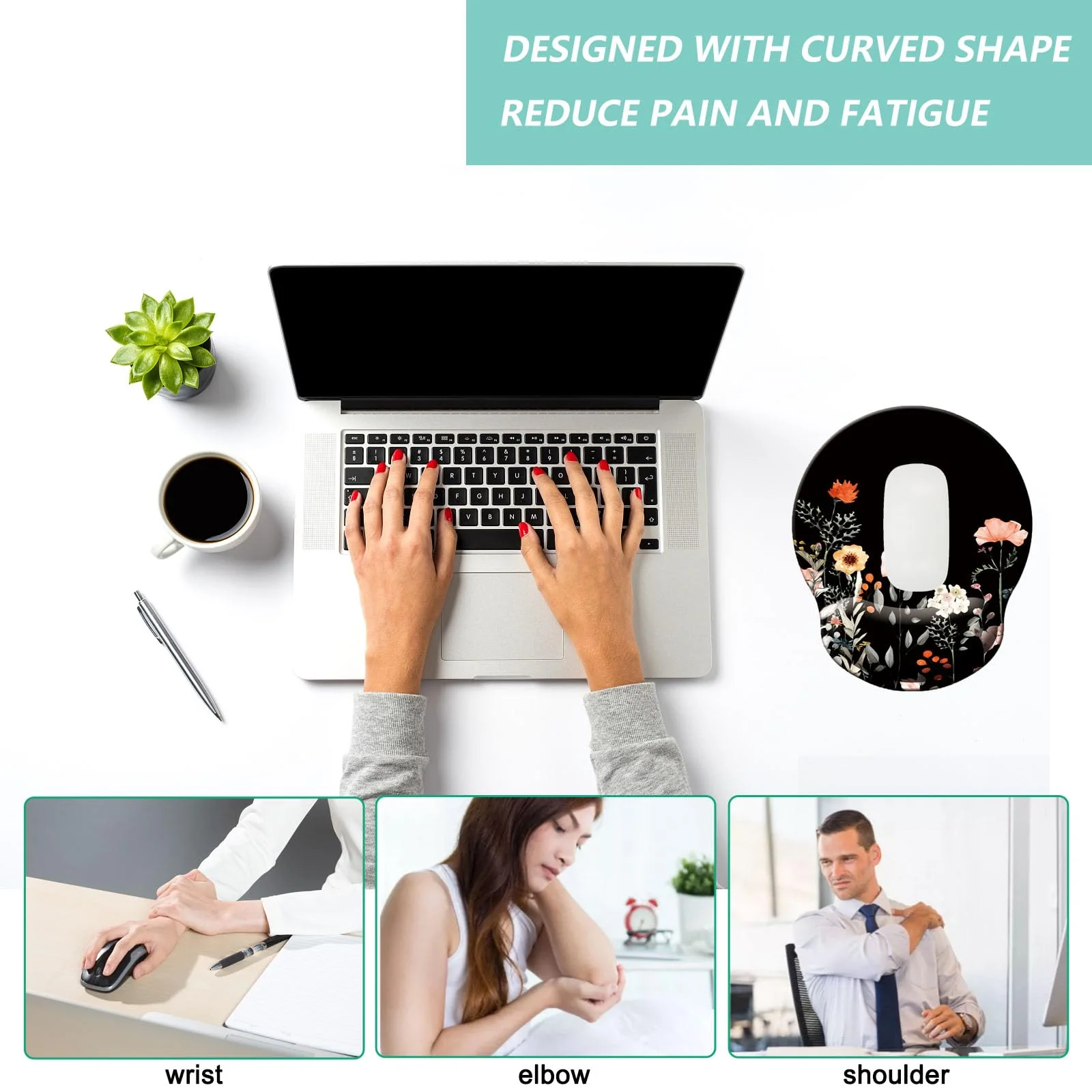 Mouse Pad with Wrist Support, Ergonomic Mouse Pad with Memory Foam Wrist Rest Cushion, Non-slip Rubber Base Gaming Mice Pad for Home Office Computer Laptop, Flower Black U-flower black - Image 5