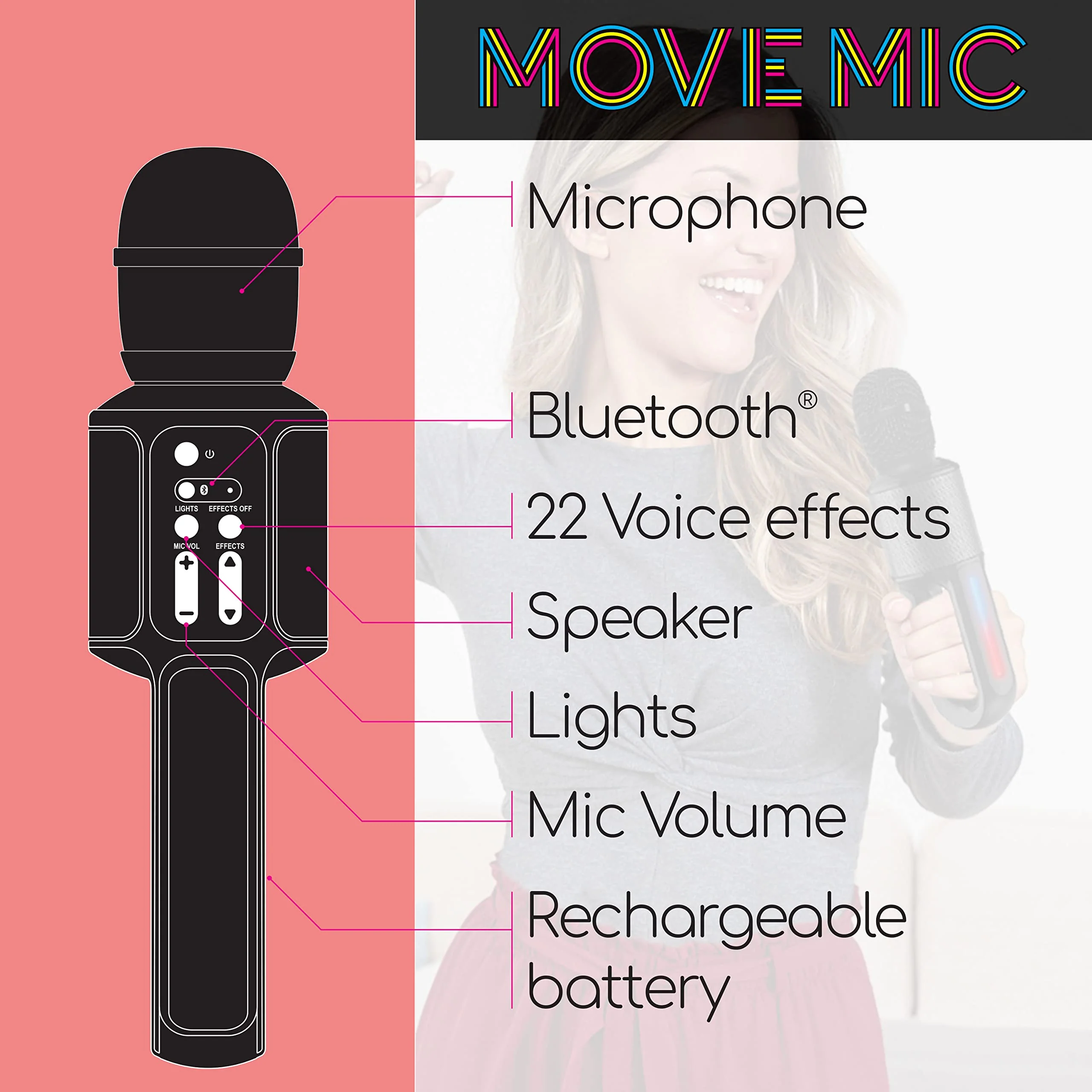 Move Mic by Singing Machine – Bluetooth Karaoke Microphone & Speaker with LED Lights, 22 Voice FX & Rechargeable Battery – Portable Mic for Dorm Parties, Family Fun, Kids, and Teens - Image 5