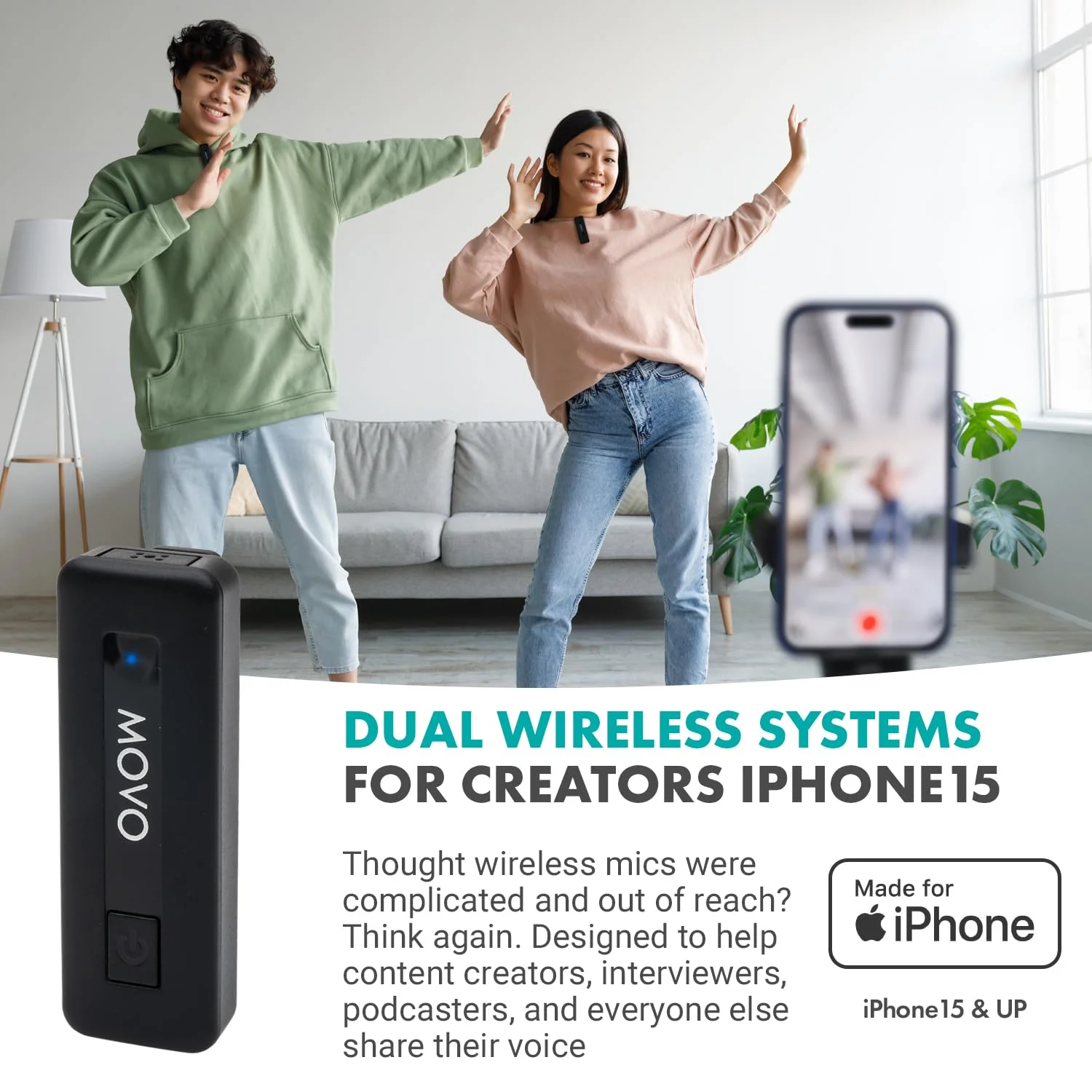 Movo Mini USB-C Duo Wireless Microphone for iPhone 15/16/17 and up - Ultracompact Microphone for iPhone 15/16/17 with Clip on Wireless Lavalier Mic 2 Transmitters - Image 3