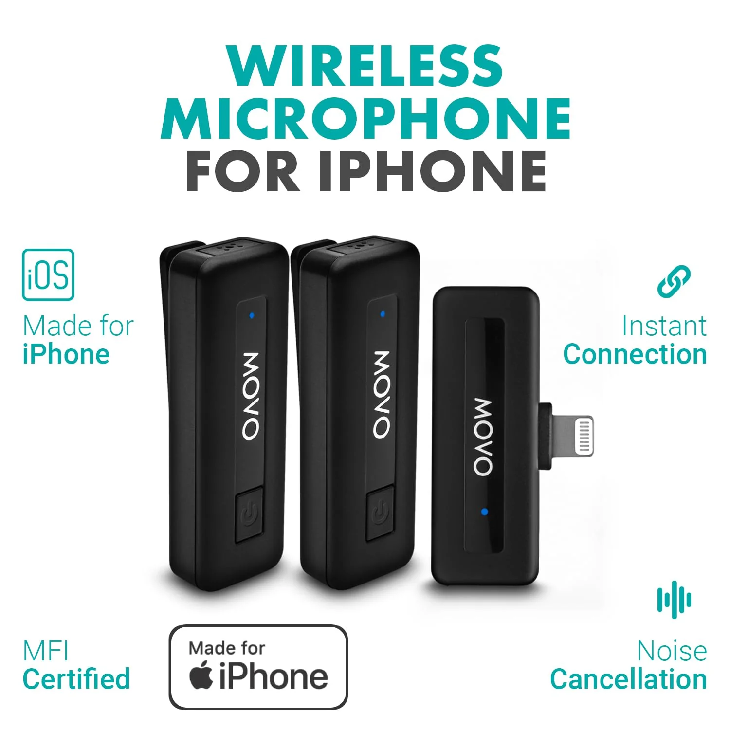 Movo Wireless Mini DI Duo iPhone Microphone for Video Recording - Wireless Microphone for iPhone with Clip on Lavalier Microphone for iPhone 10 HR Battery 164FT Range, Wireless Mic for iPhone, Black 2 Transmitters - Image 2