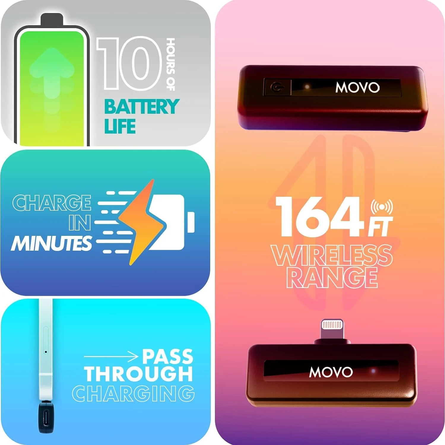Movo Wireless Mini DI Duo iPhone Microphone for Video Recording - Wireless Microphone for iPhone with Clip on Lavalier Microphone for iPhone 10 HR Battery 164FT Range, Wireless Mic for iPhone, Black 2 Transmitters - Image 7