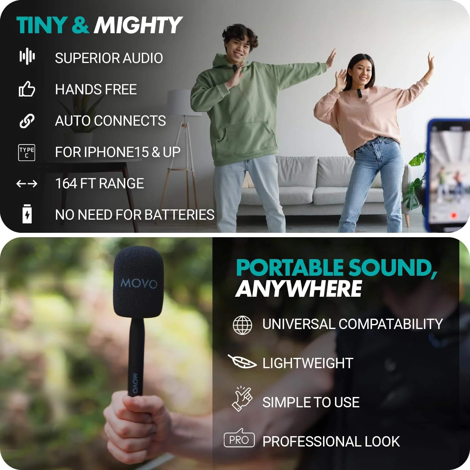 Movo Wireless Mini UC Duo Dual Ultra Compact Wireless Lavalier Microphones for iPhone 15/16/17 with Handheld Adapter - Lapel Mic with Handle Mount for Content Creators, Interviews, Reporting and More USB-C DUO - Image 4