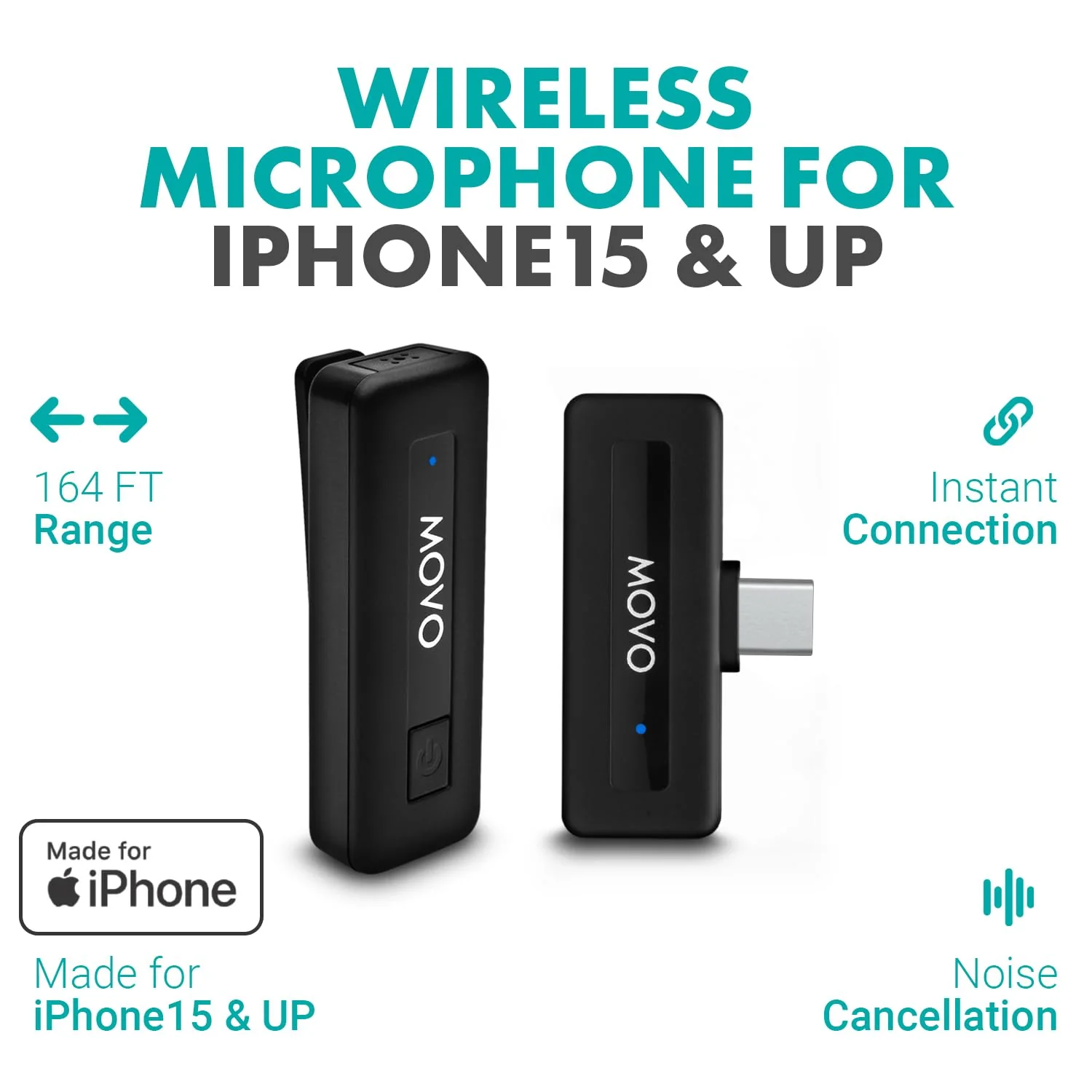 Movo Wireless Mini USB-C Wireless Microphone for iPhone 15/16/17 - Microphone Compatible with Pro Max - 10HR Battery Life, 164ft Range 1 Transmitter - Image 2