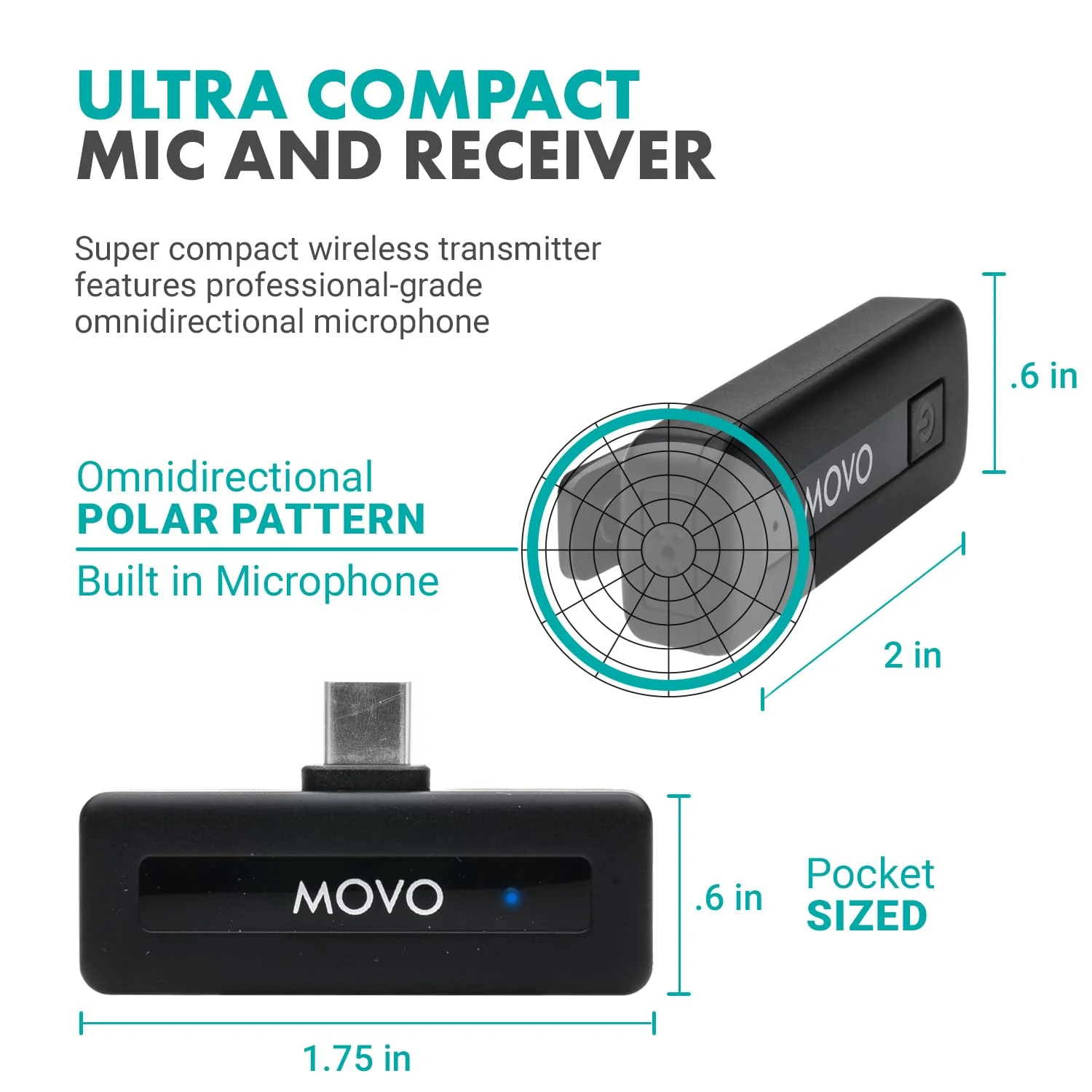 Movo Wireless Mini USB-C Wireless Microphone for iPhone 15/16/17 - Microphone Compatible with Pro Max - 10HR Battery Life, 164ft Range 1 Transmitter - Image 4