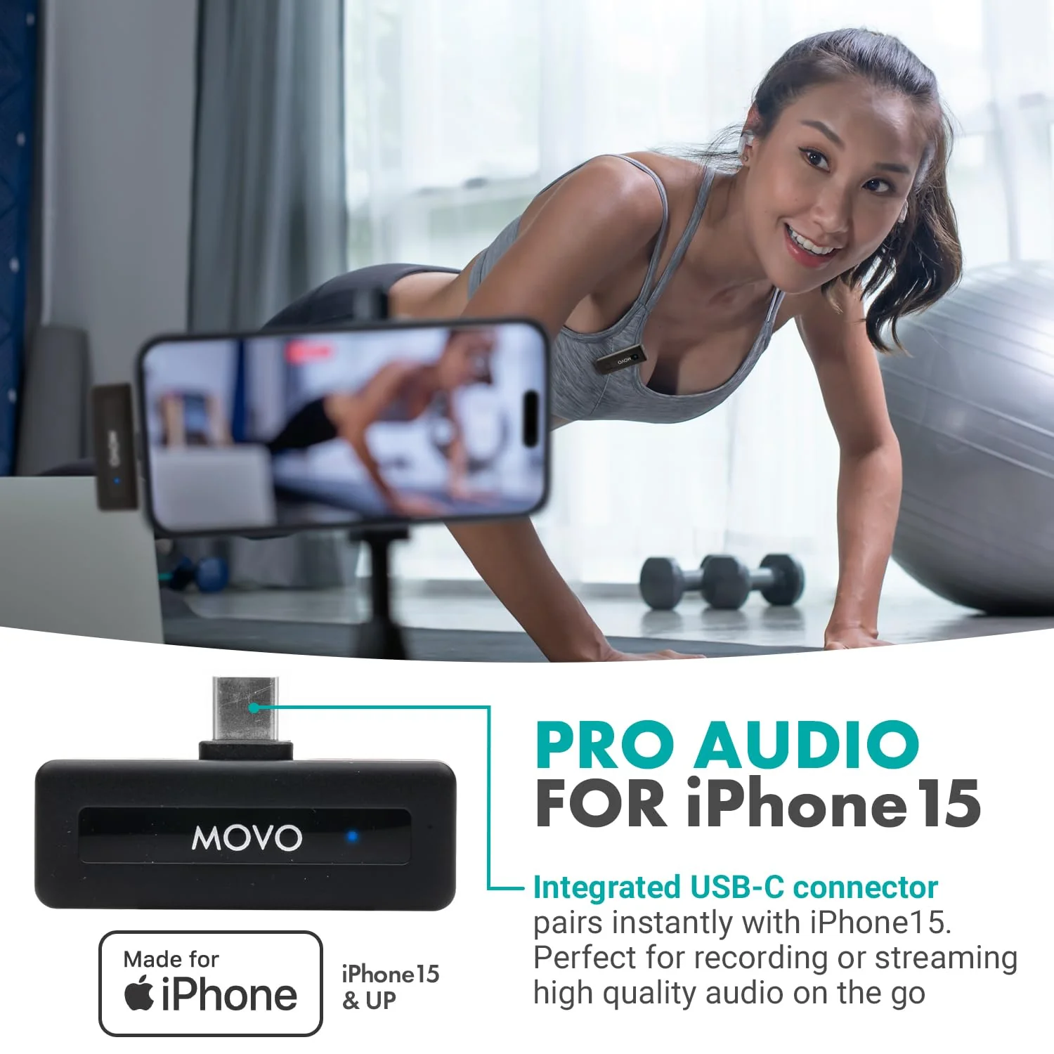Movo Wireless Mini USB-C Wireless Microphone for iPhone 15/16/17 - Microphone Compatible with Pro Max - 10HR Battery Life, 164ft Range 1 Transmitter - Image 5