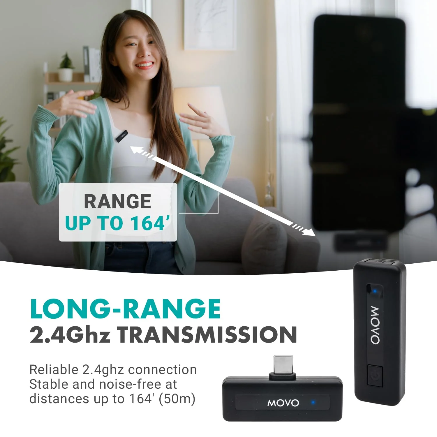 Movo Wireless Mini USB-C Wireless Microphone for iPhone 15/16/17 - Microphone Compatible with Pro Max - 10HR Battery Life, 164ft Range 1 Transmitter - Image 7