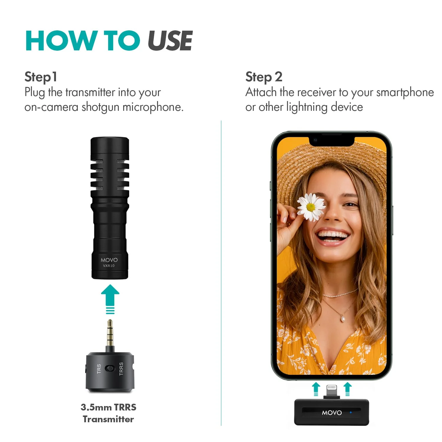 Movo WM-VXR10 Wireless Shotgun Mic Adapter for iPhone/Lightning Devices - Compatible VXR10, VXR10-PRO and Rode VideoMicro Lightning - Image 3