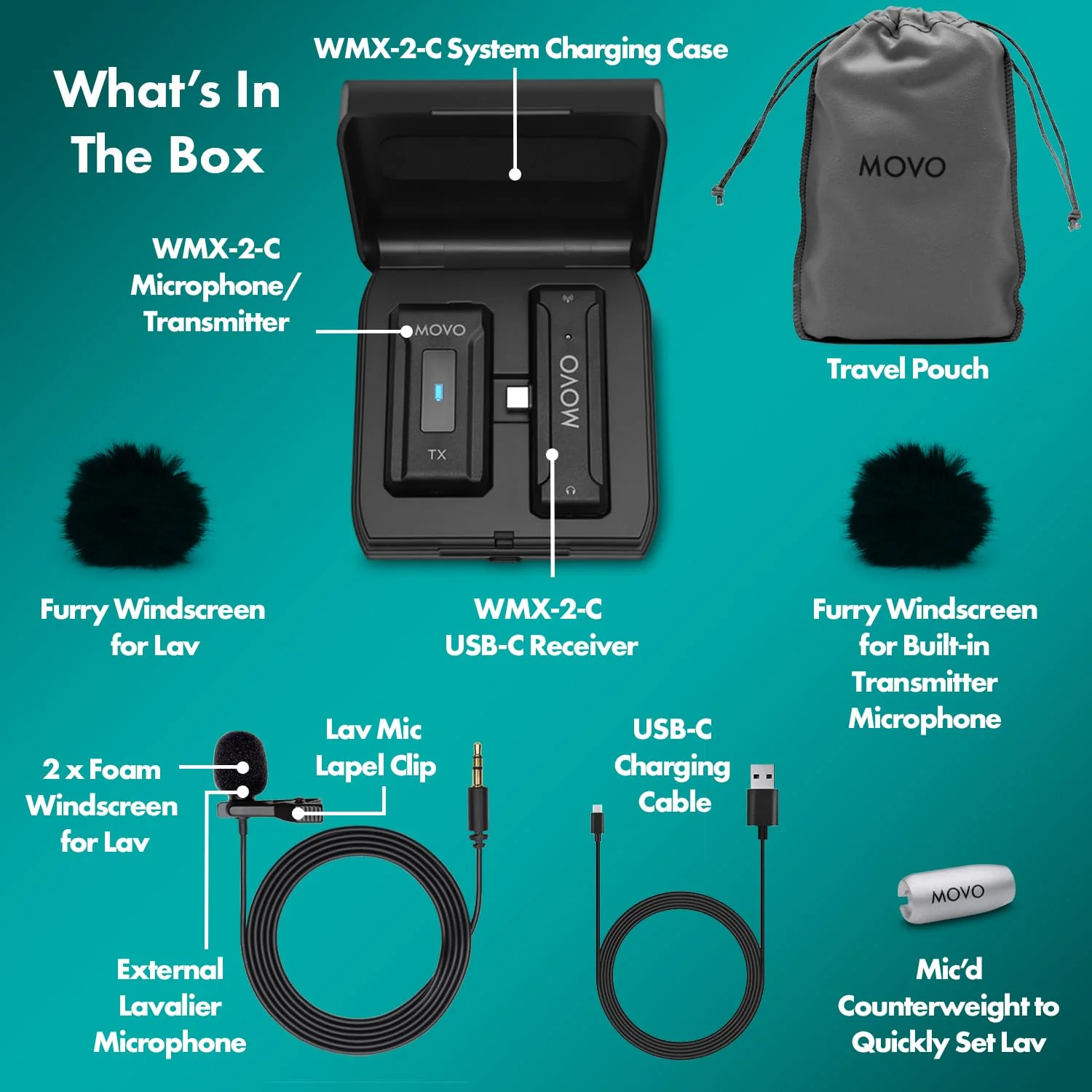Movo WMX-2-C Wireless Microphone for USB-C Devices – Wireless Lavalier Mic System with Charging Case – Clip-On Lapel Mic for iPhone 15 and Up, Android, iPad Pro, MacBook – 7HR Battery, 328ft Range 1 Transmitter - Image 6