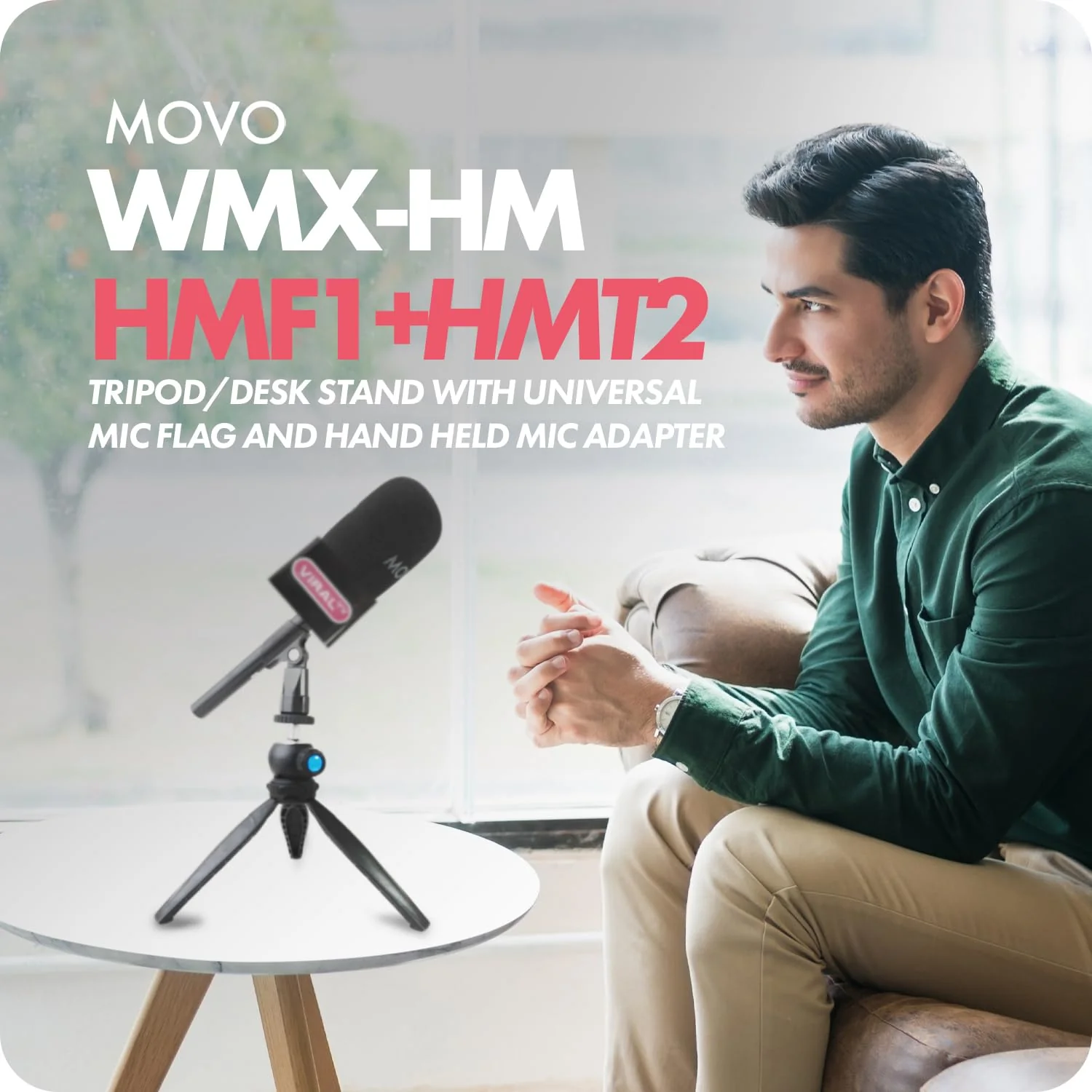 Movo WMX-HM Wireless Interview Microphone Adapter w/Mic Flag and Mic Stand - Compatible with DJI Mic, Rode Wireless GO, Hollyland Lark, and More - for Podcasting, Interviews, and Content Creation - Image 2