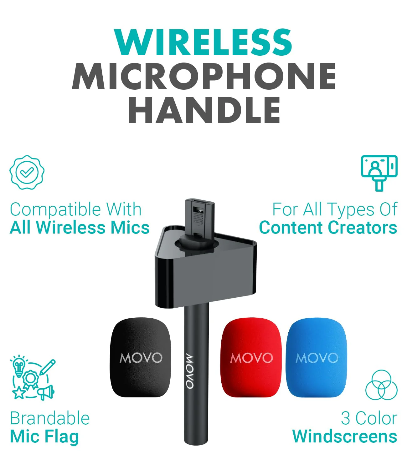 Movo WMX-HMF2 Wireless Microphone Handle with Mic Flag – Handheld Grip for DJI Mic, Rode GO II – Includes Lav Microphone Holder, Adapter & 3 Windscreens – for Interviews, YouTube & TikTok - Image 2