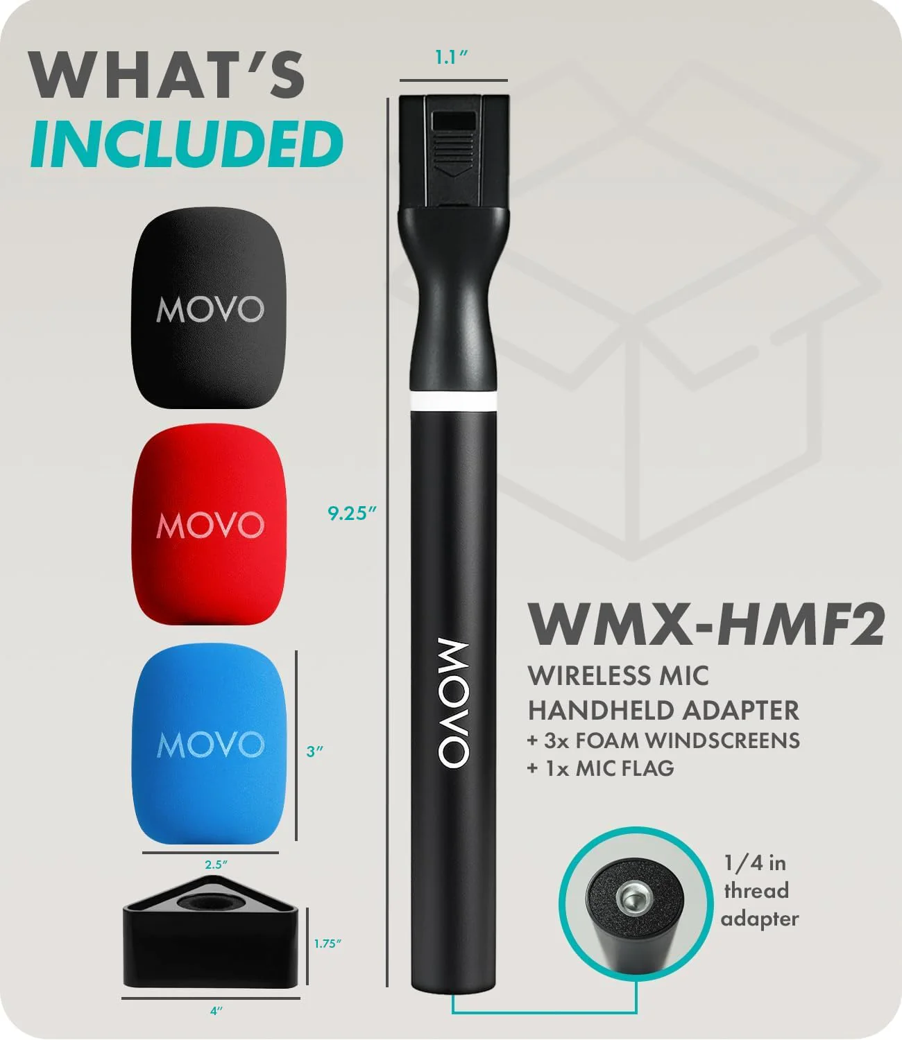 Movo WMX-HMF2 Wireless Microphone Handle with Mic Flag – Handheld Grip for DJI Mic, Rode GO II – Includes Lav Microphone Holder, Adapter & 3 Windscreens – for Interviews, YouTube & TikTok - Image 7