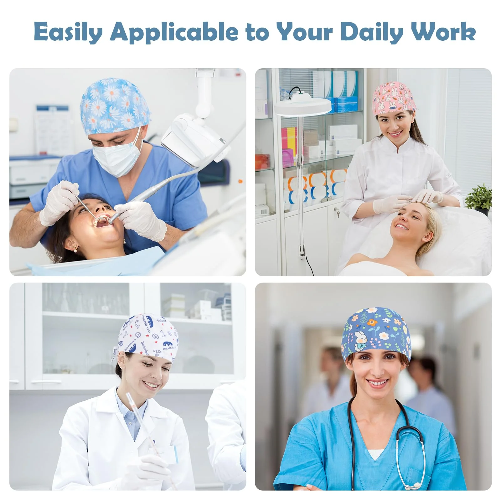 Moxiewell Pack of 6 surgical caps with laces, scrubbing cap, printed hat with button and cotton sweatband, adjustable, full hair cover, unisex doctor cap, multicoloured, 53 - Image 3